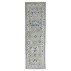 Green & Blue Floral Design Handwoven Wool Turkish Oushak Runner