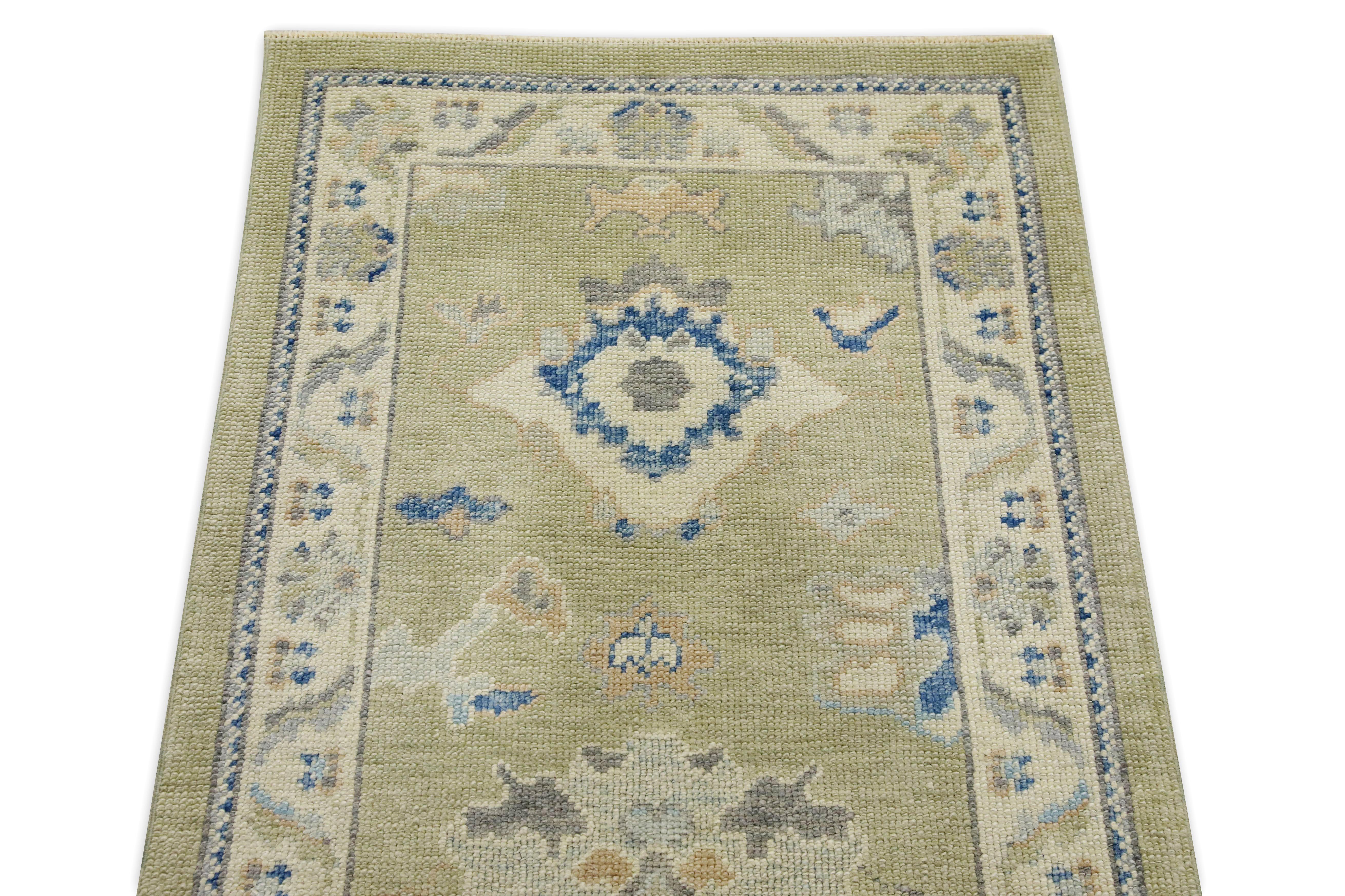 Green & Blue Floral Design Handwoven Wool Turkish Oushak Runner In New Condition For Sale In Houston, TX