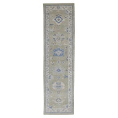 Green & Blue Floral Design Handwoven Wool Turkish Oushak Runner