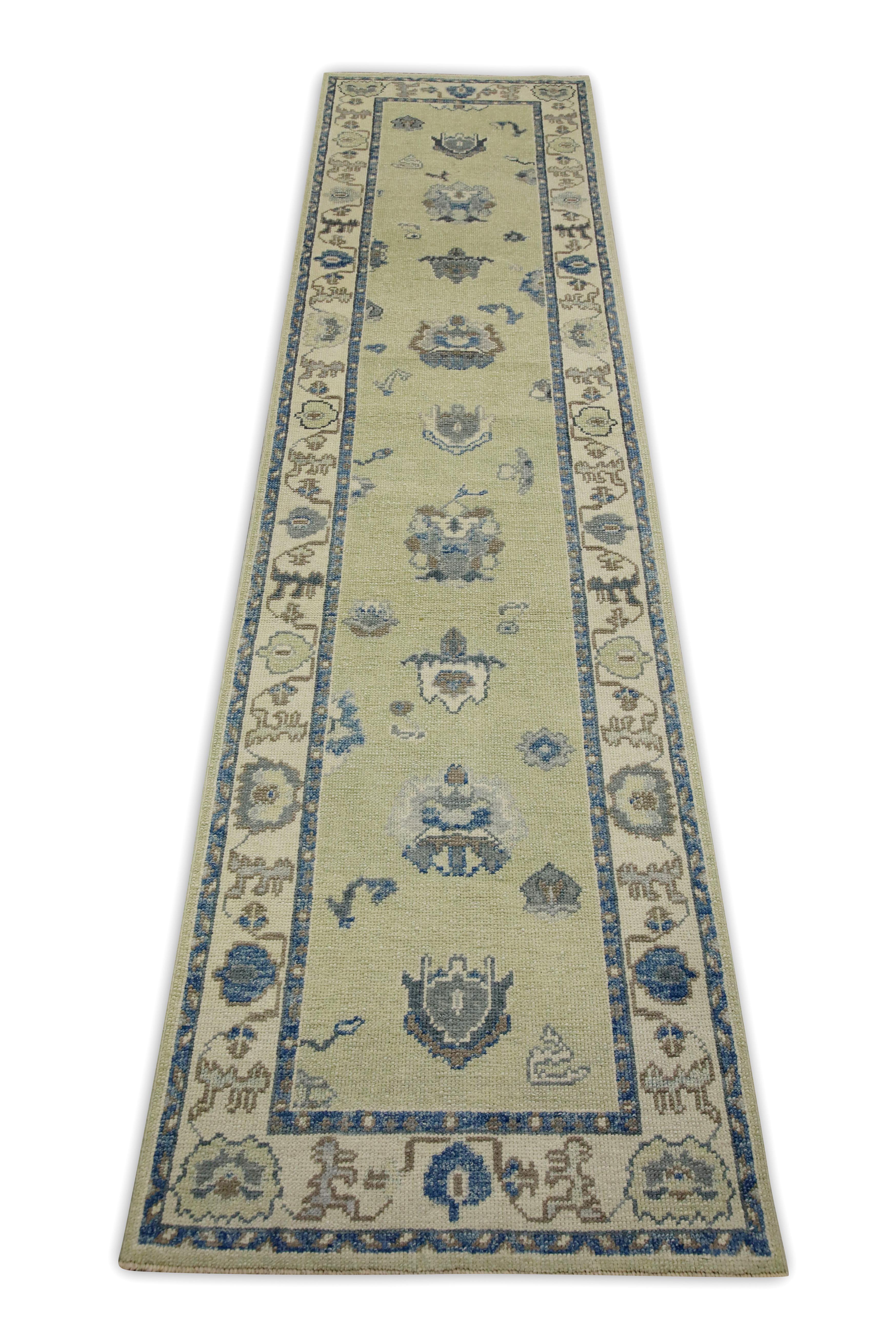 Contemporary Green & Blue Floral Design Handwoven Wool Turkish Oushak Runner For Sale