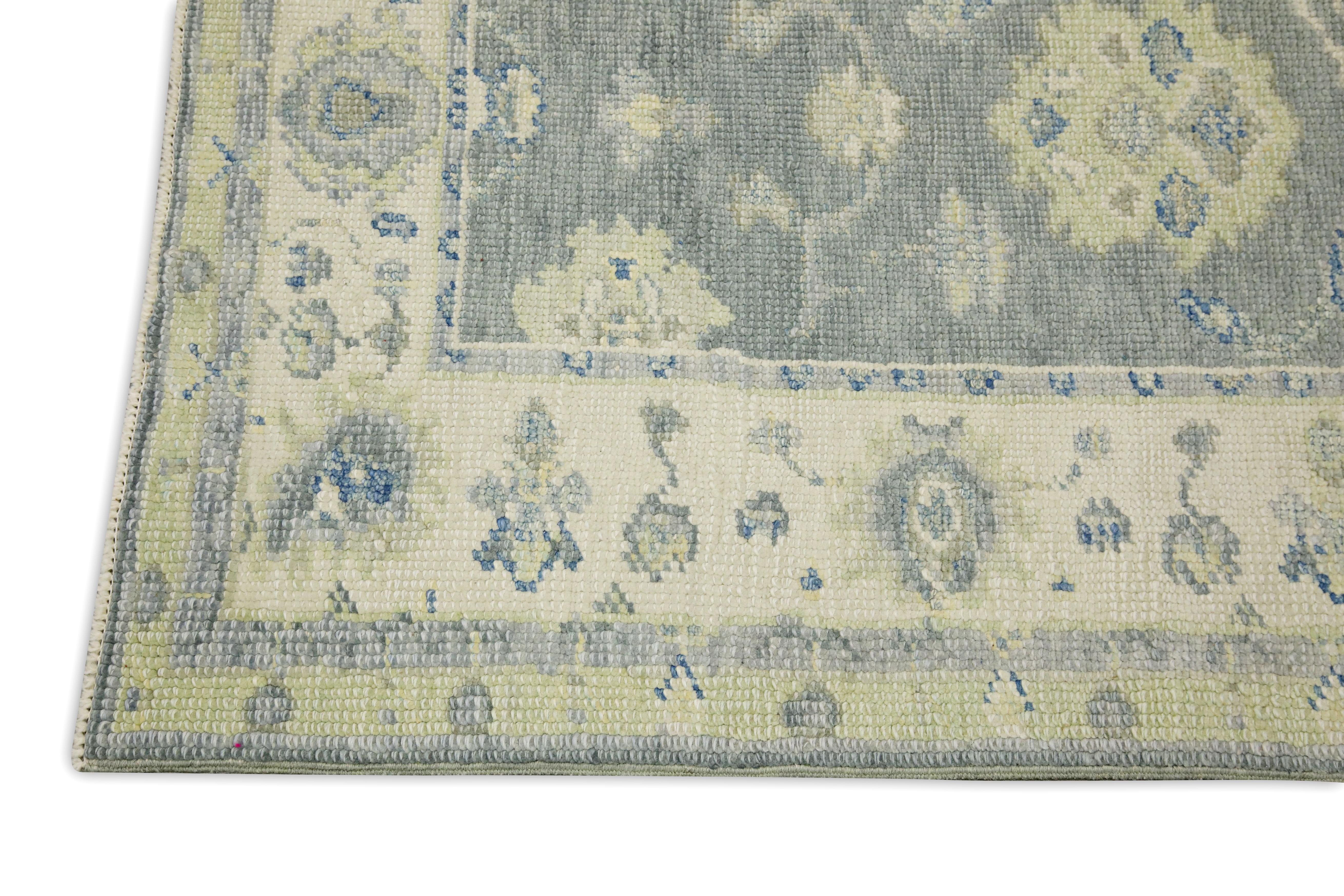 Vegetable Dyed Green & Blue Floral Design Handwoven Wool Turkish Oushak Runner For Sale