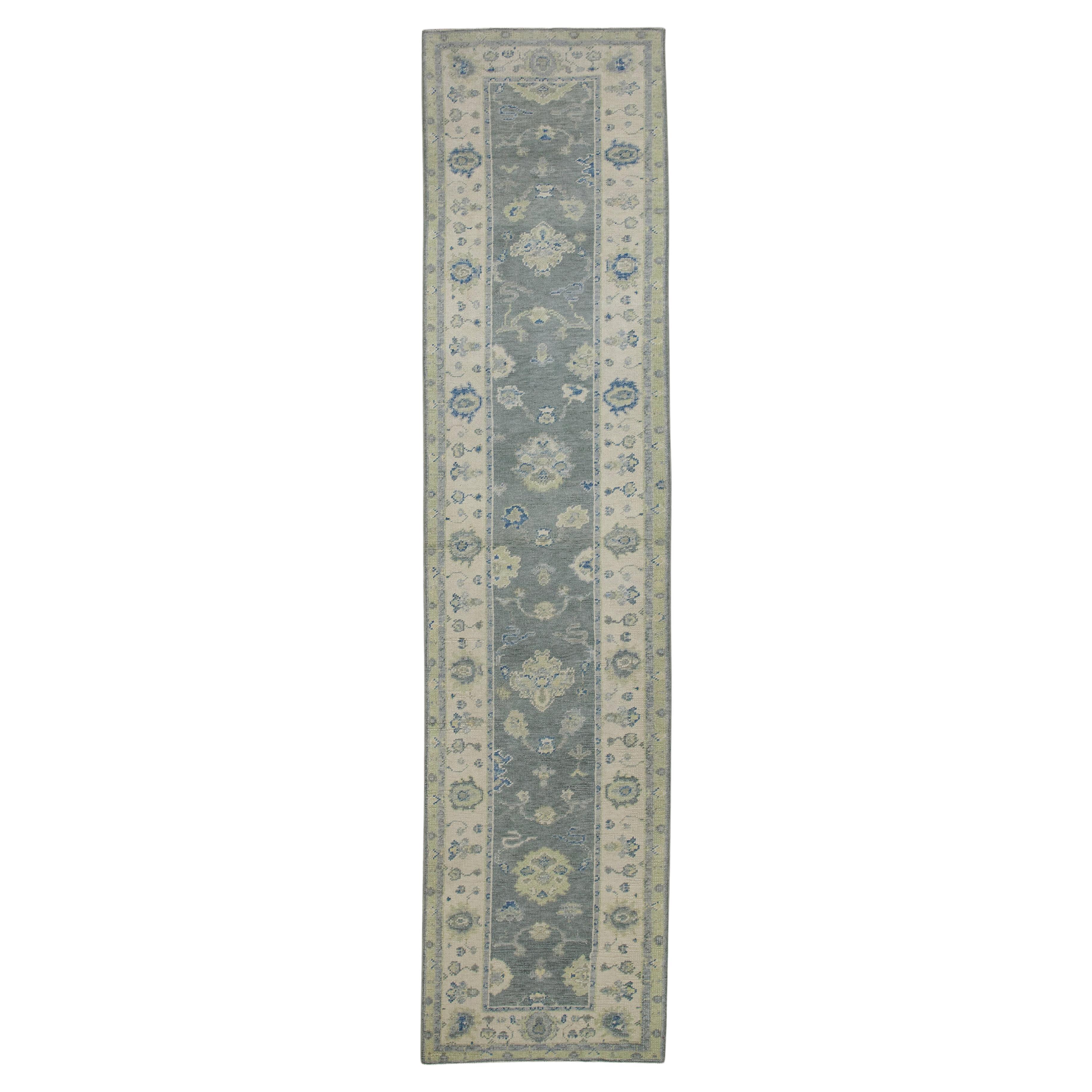 Green & Blue Floral Design Handwoven Wool Turkish Oushak Runner For Sale