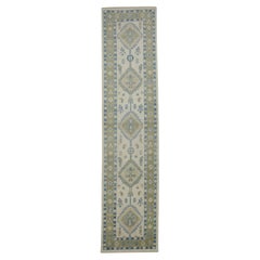 Tapis de couloir turc Oushak en laine tissé à la main à motifs floraux verts et bleus 2'9" x 11'9".