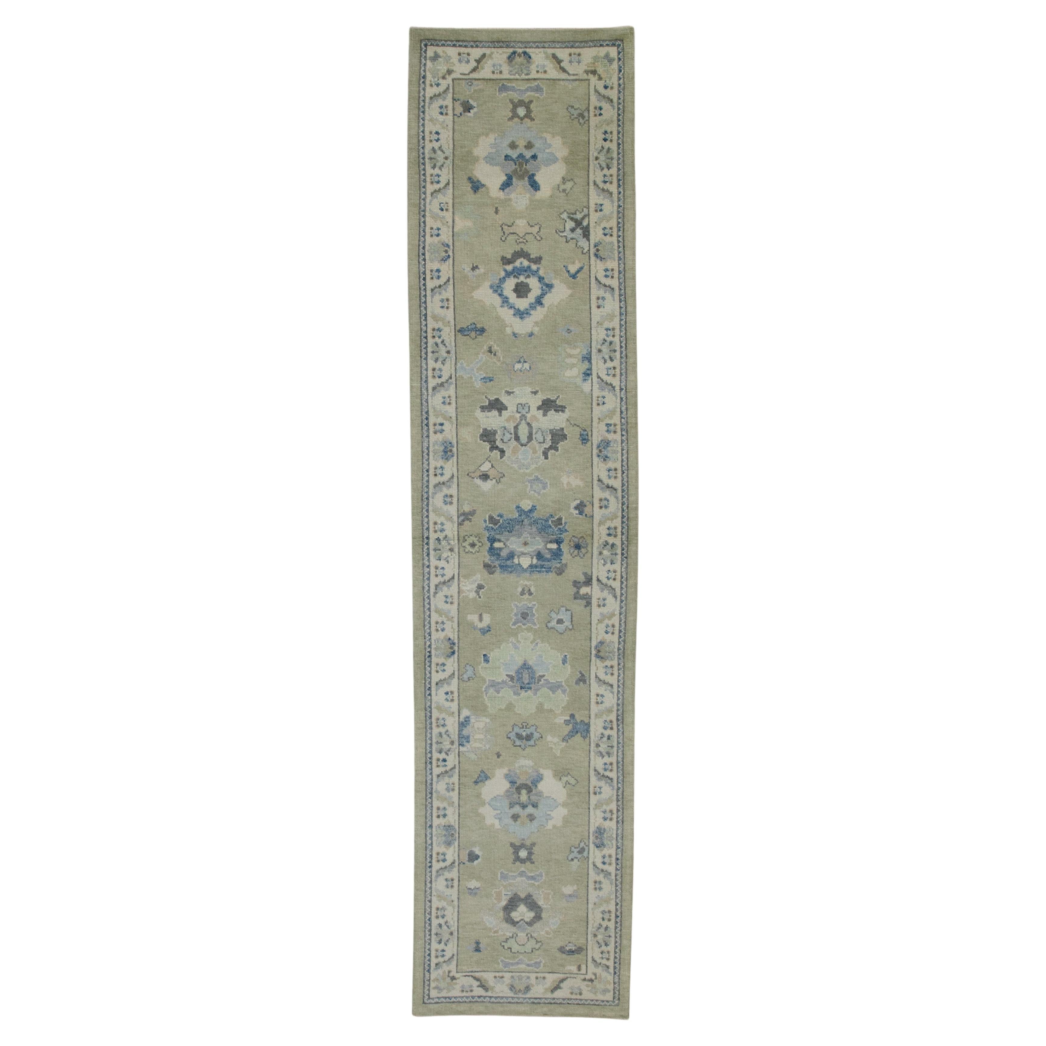 Green & Blue Floral Design Handwoven Wool Turkish Oushak Runner For Sale