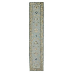 Green & Blue Floral Design Handwoven Wool Turkish Oushak Runner