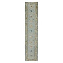 Green & Blue Floral Design Handwoven Wool Turkish Oushak Runner