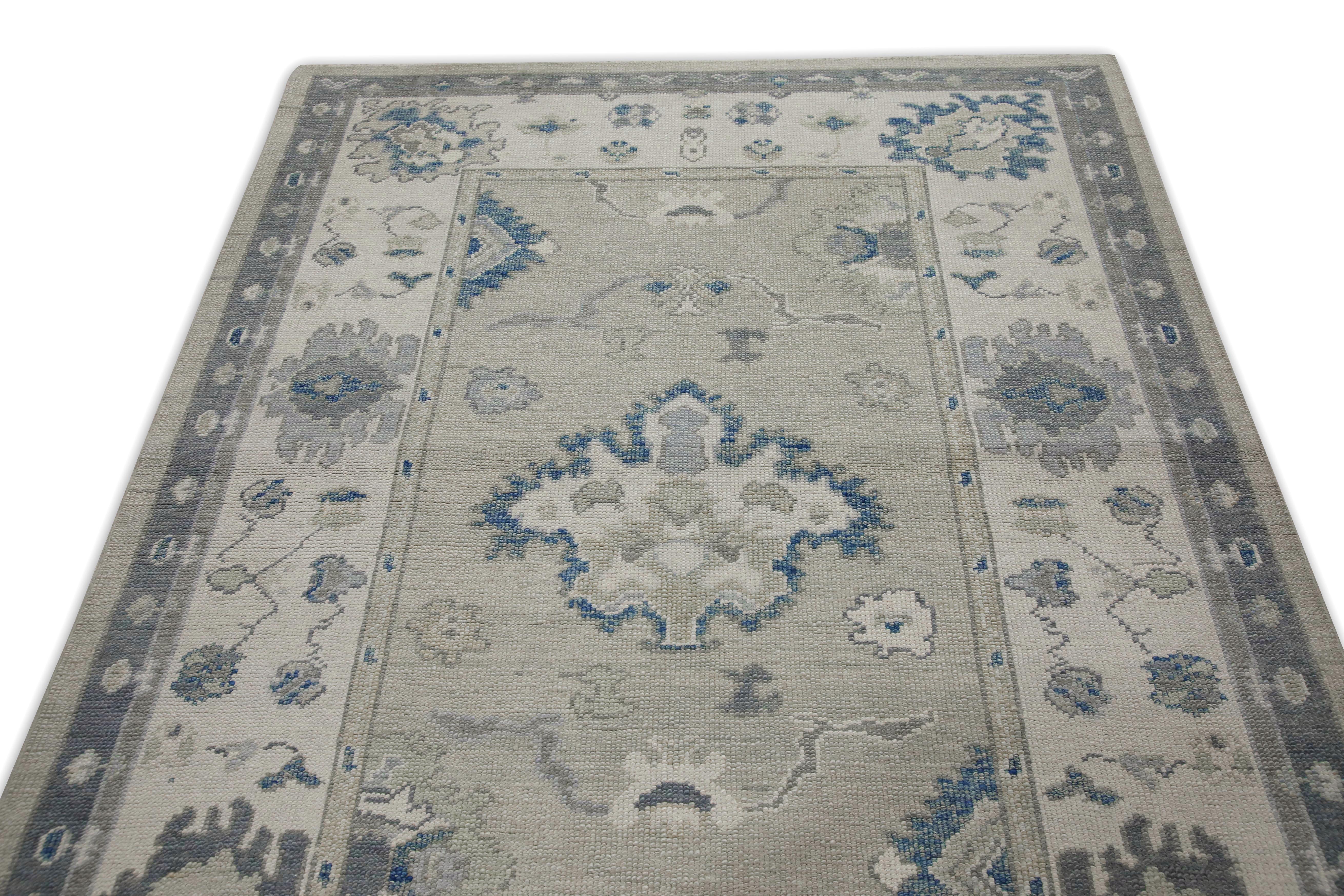 Handgewebter türkischer Oushak-Läufer aus Wolle in Grün & Blau mit Blumenmuster 5' X 12'10