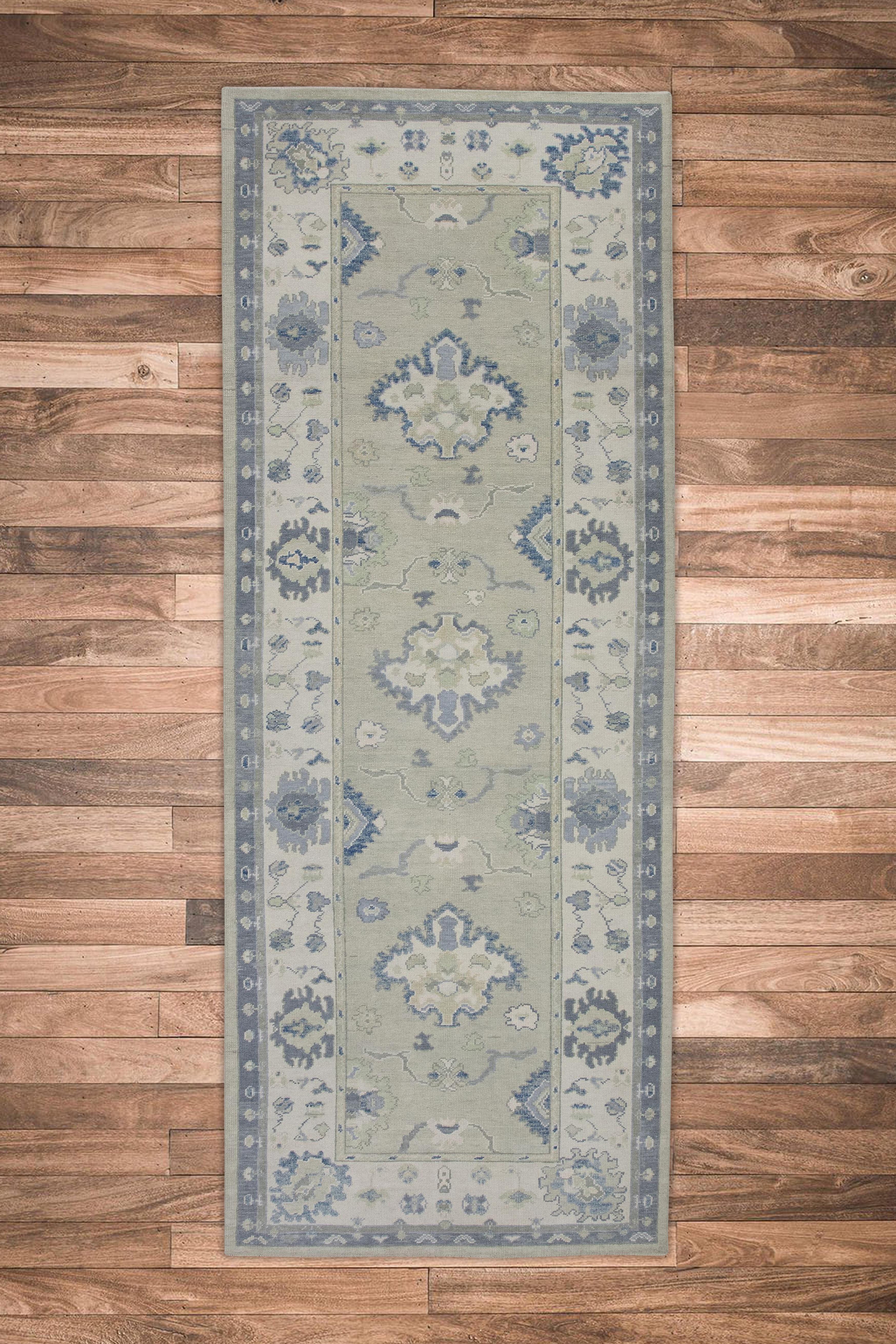 Green & Blue Floral Design Handwoven Wool Turkish Oushak Runner 5' X 12'10