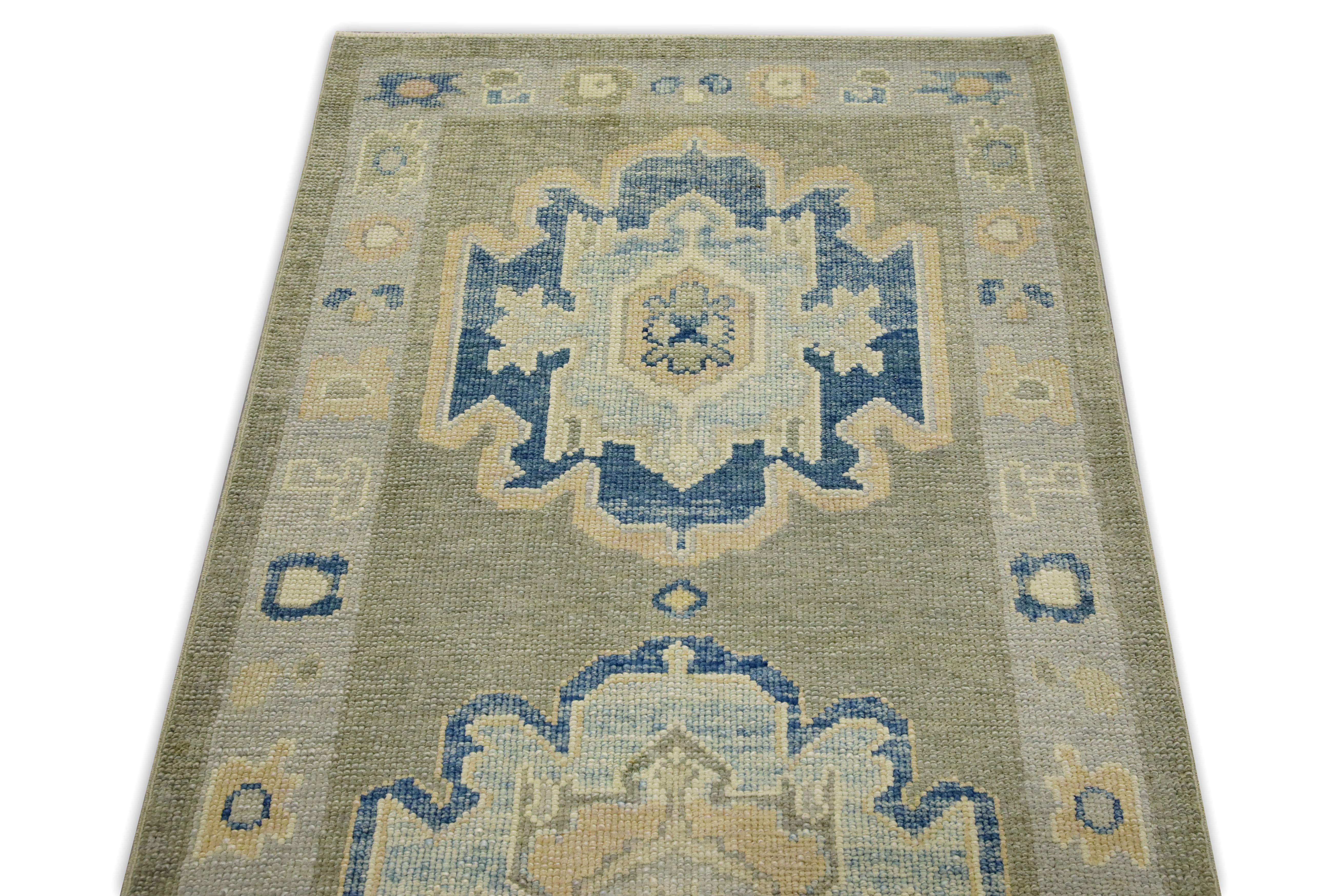 Green & Blue Geometric Design Handwoven Wool Turkish Oushak Runner In New Condition For Sale In Houston, TX