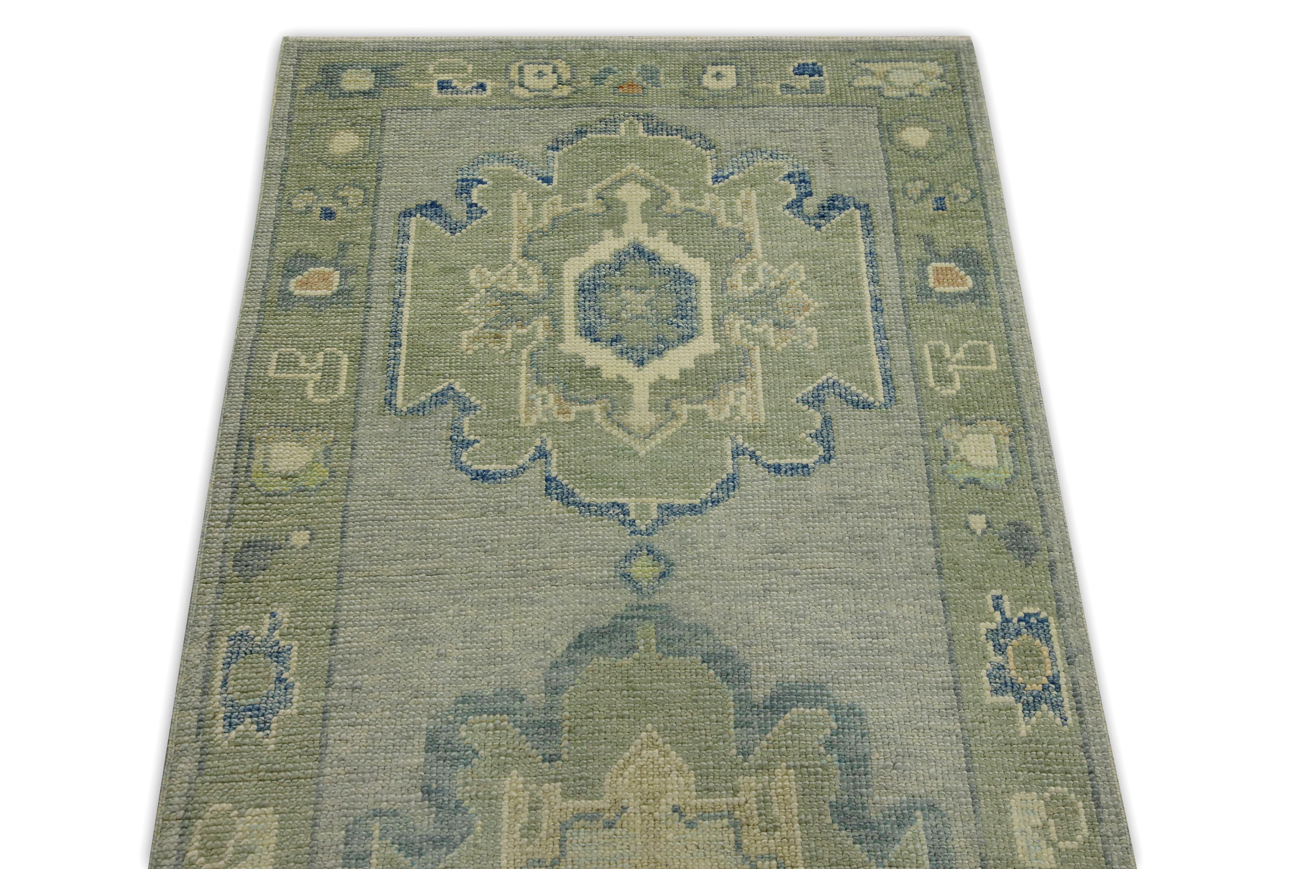Green & Blue Geometric Design Handwoven Wool Turkish Oushak Runner In New Condition For Sale In Houston, TX