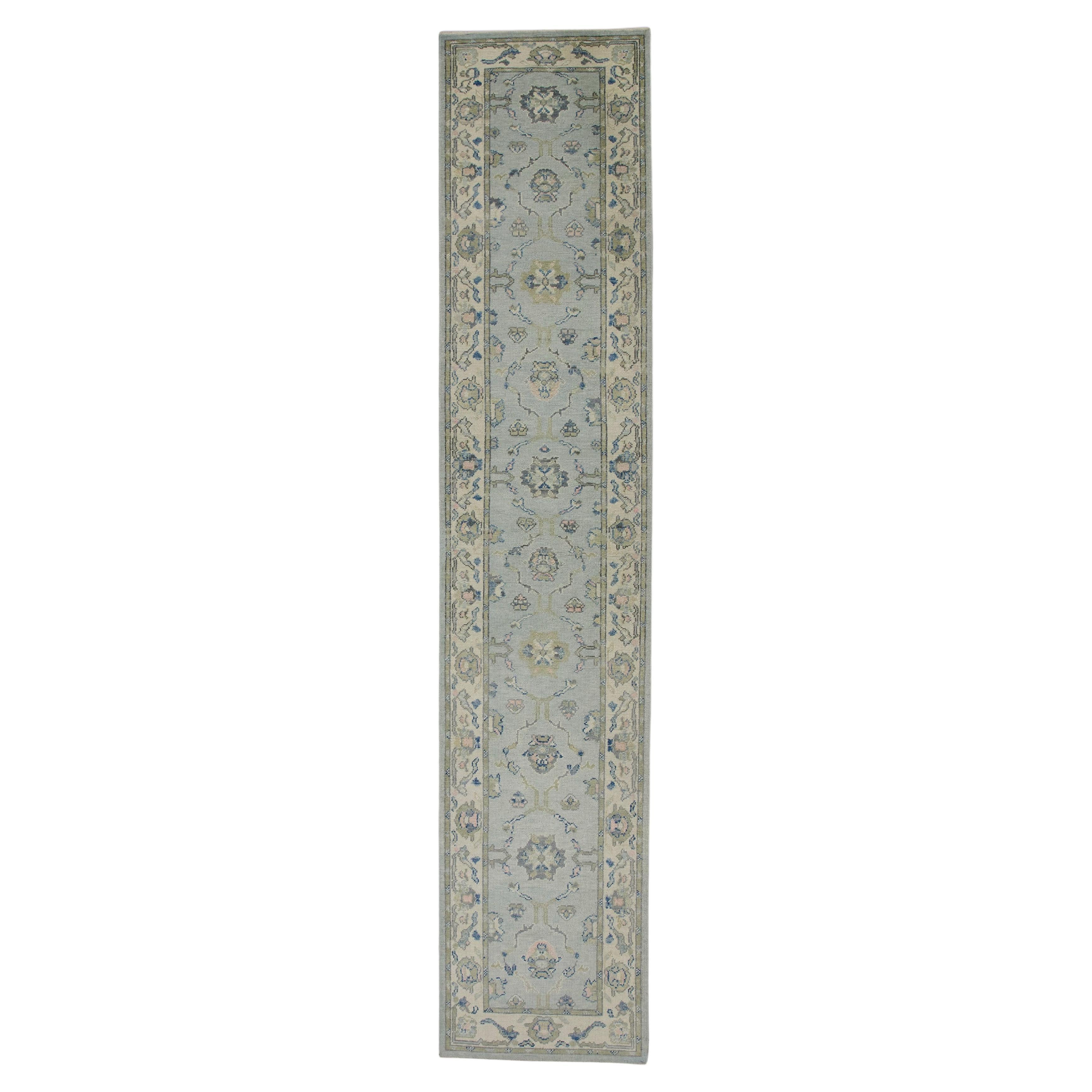 Green & Blue Floral Design Handwoven Wool Turkish Oushak Runner