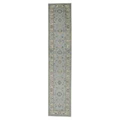 Green & Blue Floral Design Handwoven Wool Turkish Oushak Runner