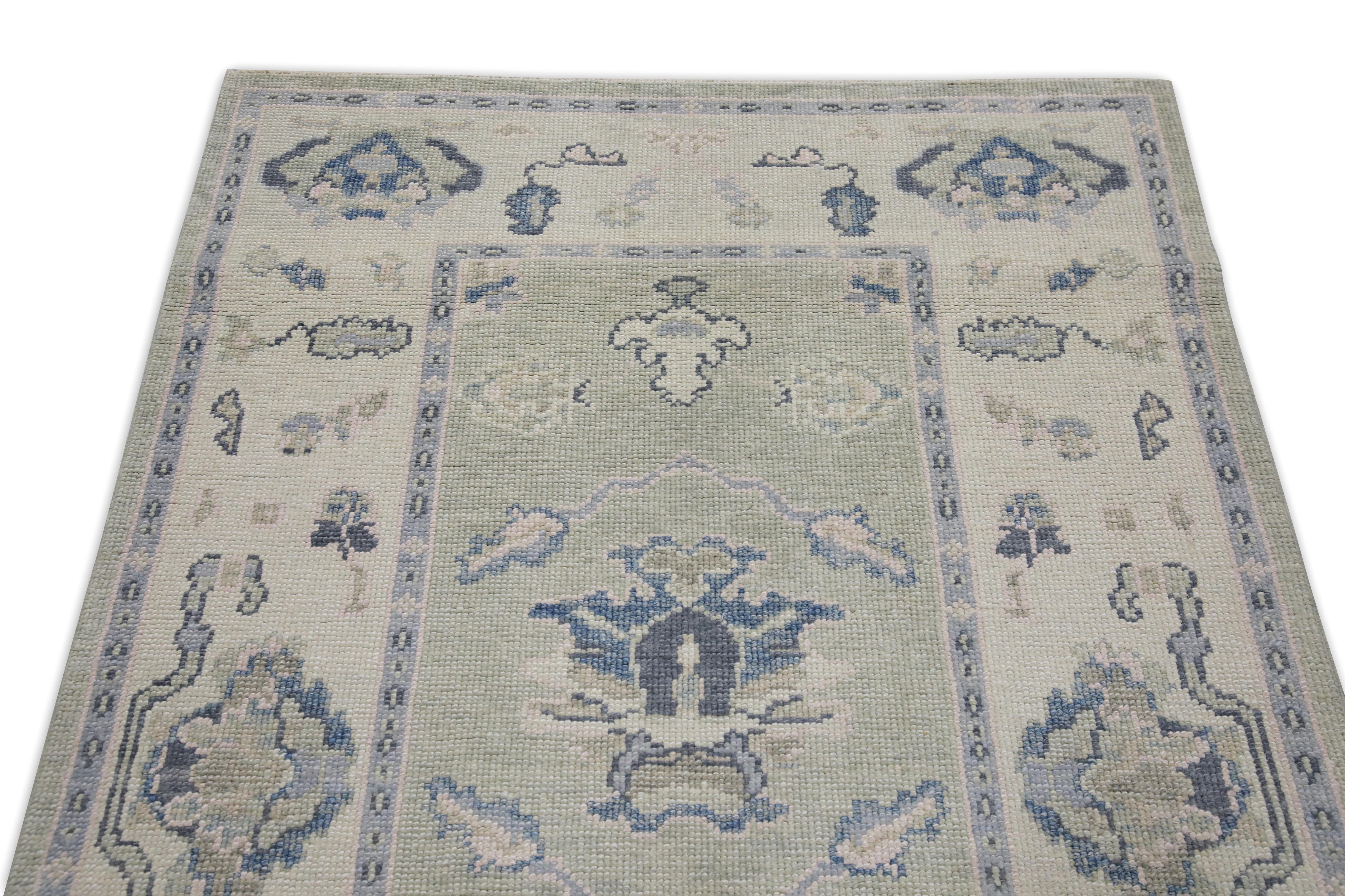 Teinture végétale Tapis de couloir turc Oushak en laine tissé à la main vert et bleu 3'8