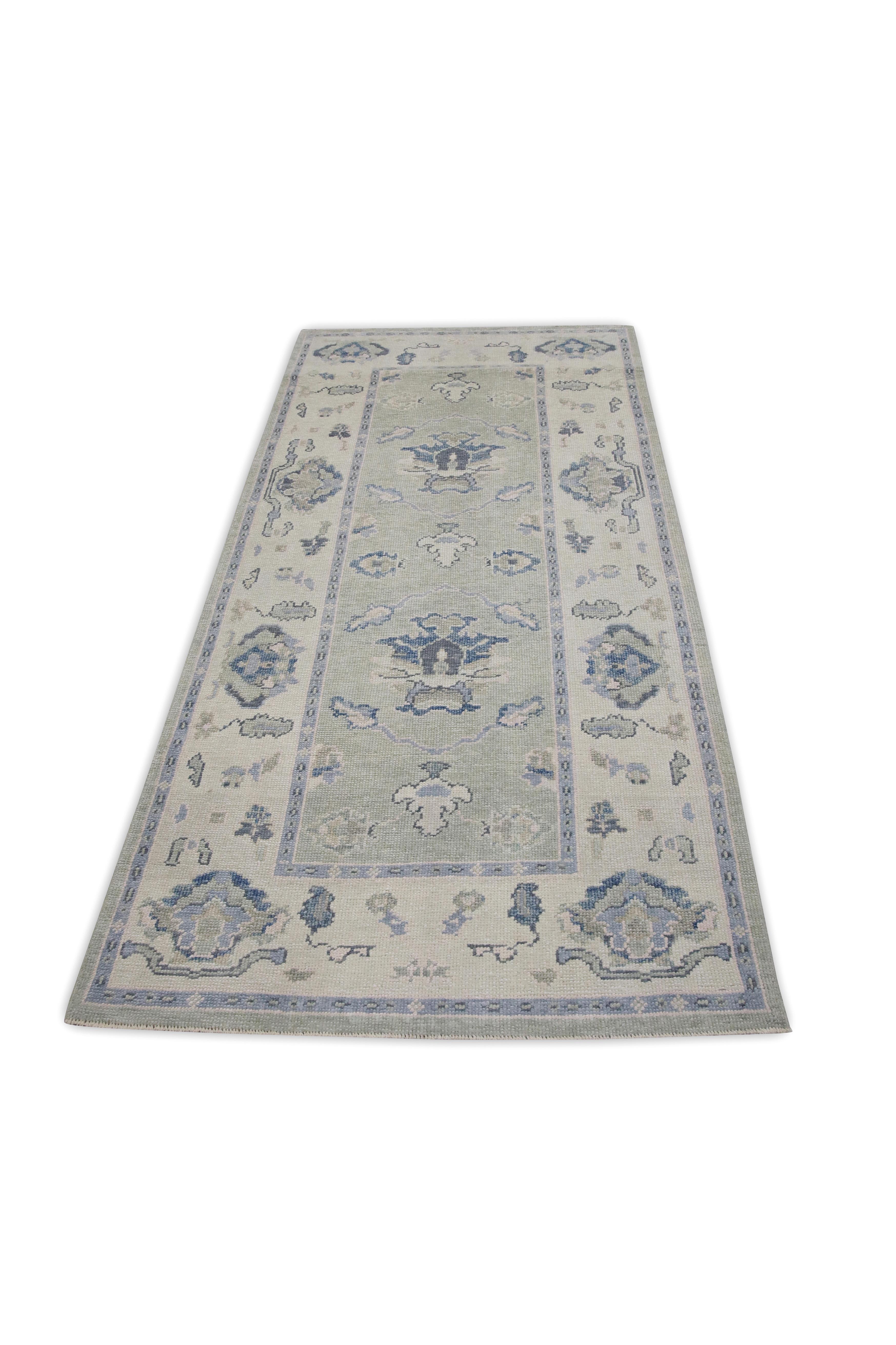 Tapis de couloir turc Oushak en laine tissé à la main vert et bleu 3'8