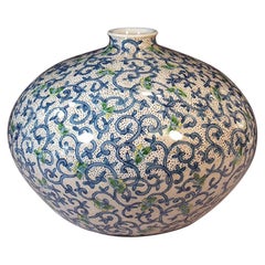 Japanese Green Blue White Porcelain Vase by Contemporary Master Artist