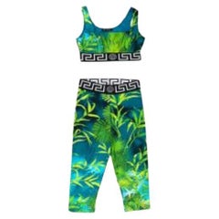 Green & blue jungle print sports bra & crop leggings