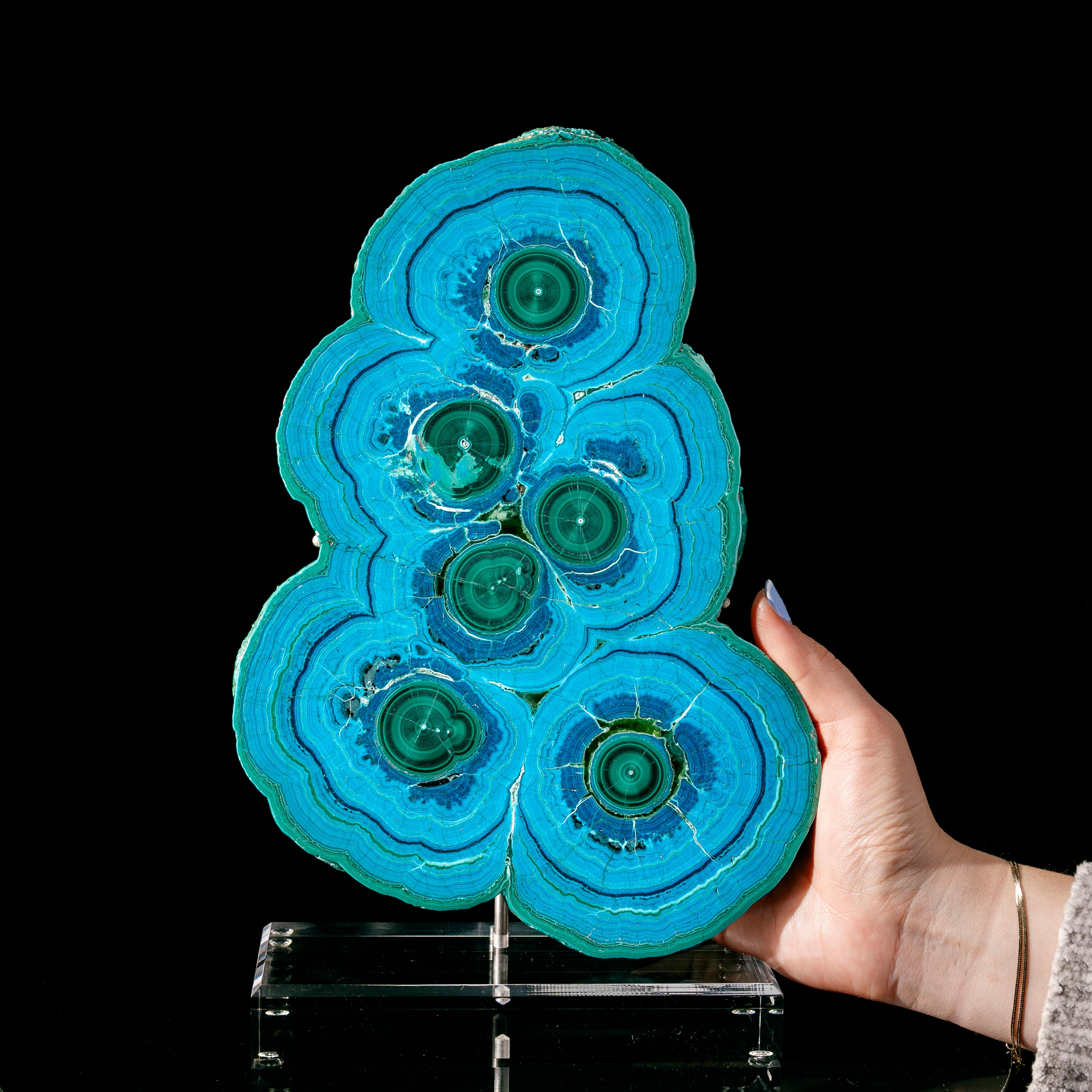 Of all the incredible malachite specimens recovered from the Katanga Copper Crescent of the DRC, there is only one known incidence of a stalactite composed of chrysocolla with stunning malachite 