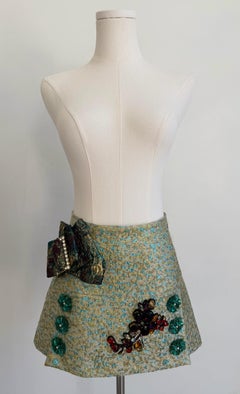 Green & Blue Metallic Jacquard Embellished Mini Skirt with Jewel Buckled Bow