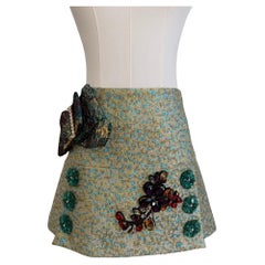 Green & Blue Metallic Jacquard Embellished Mini Skirt with Jewel Buckled Bow