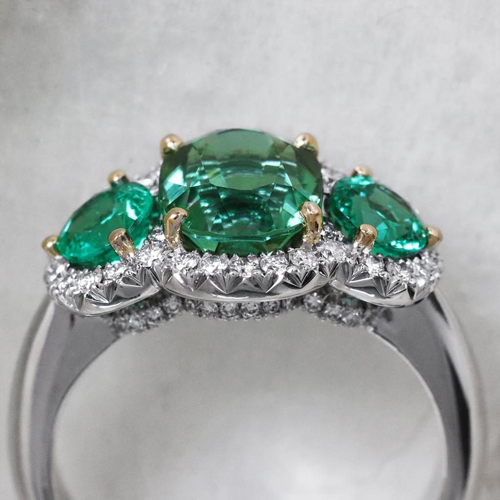 Green Blue Mint Tourmaline Emerald Diamond Halo Trilogy Ring For Sale 3