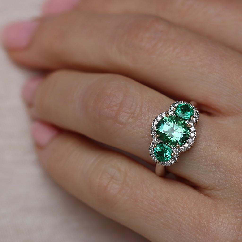 Green Blue Mint Tourmaline Emerald Diamond Halo Trilogy Ring For Sale 4