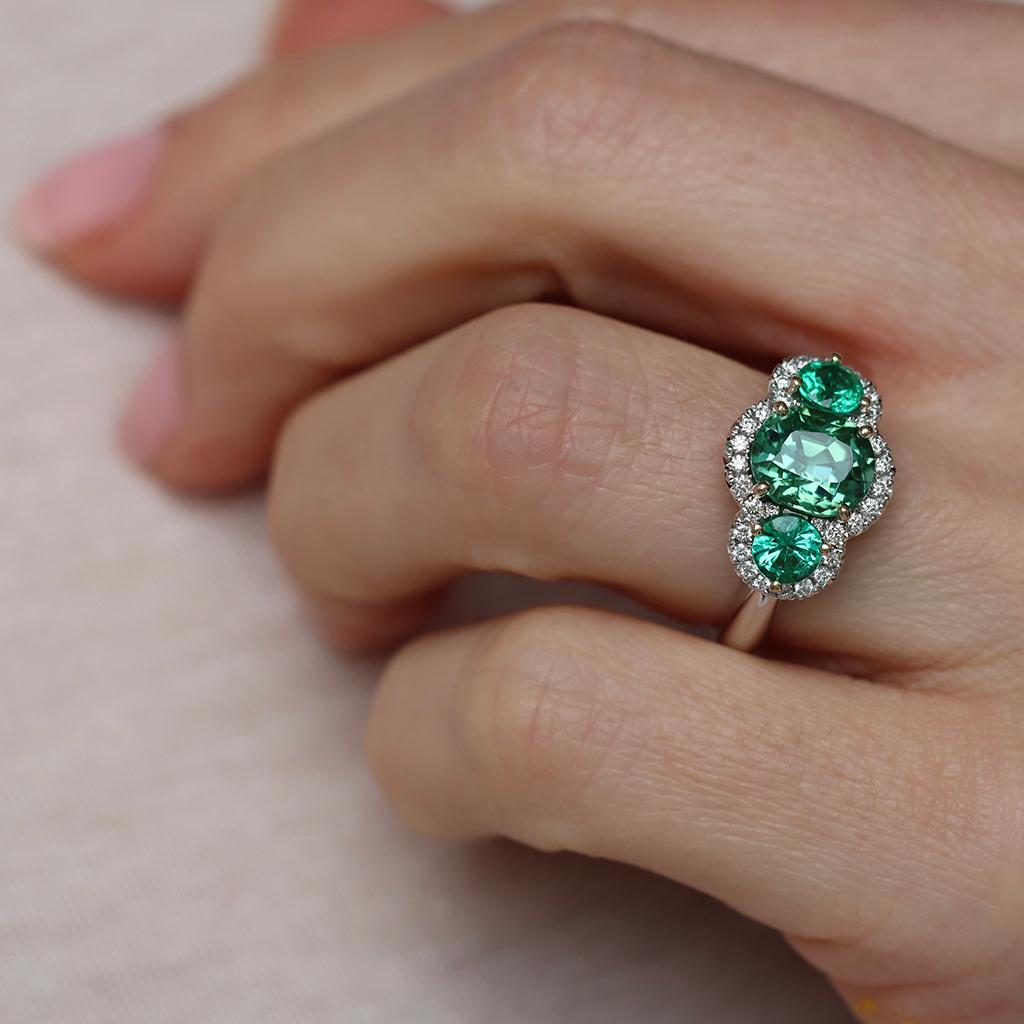 Green Blue Mint Tourmaline Emerald Diamond Halo Trilogy Ring For Sale 5