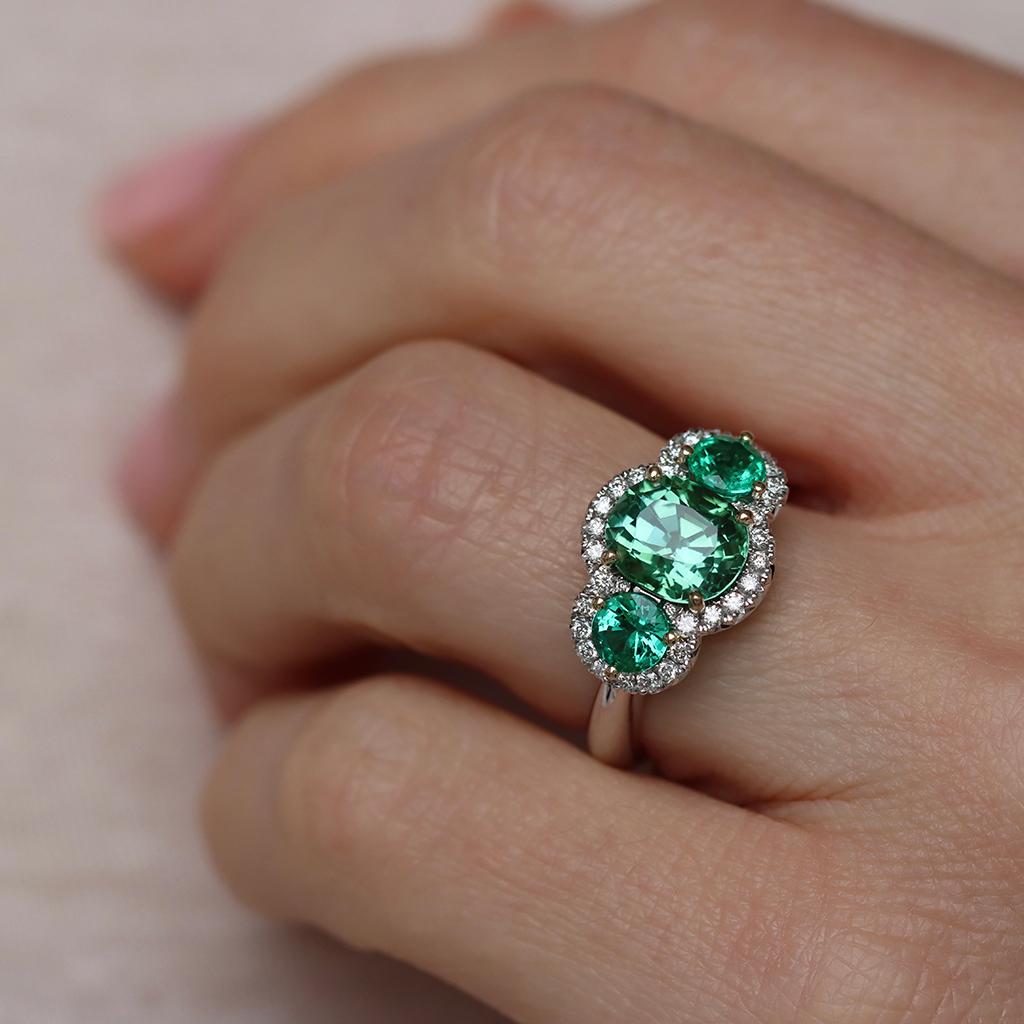 Green Blue Mint Tourmaline Emerald Diamond Halo Trilogy Ring For Sale 6