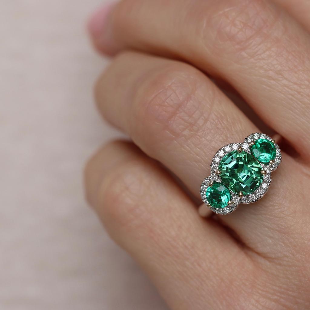 Green Blue Mint Tourmaline Emerald Diamond Halo Trilogy Ring For Sale 7