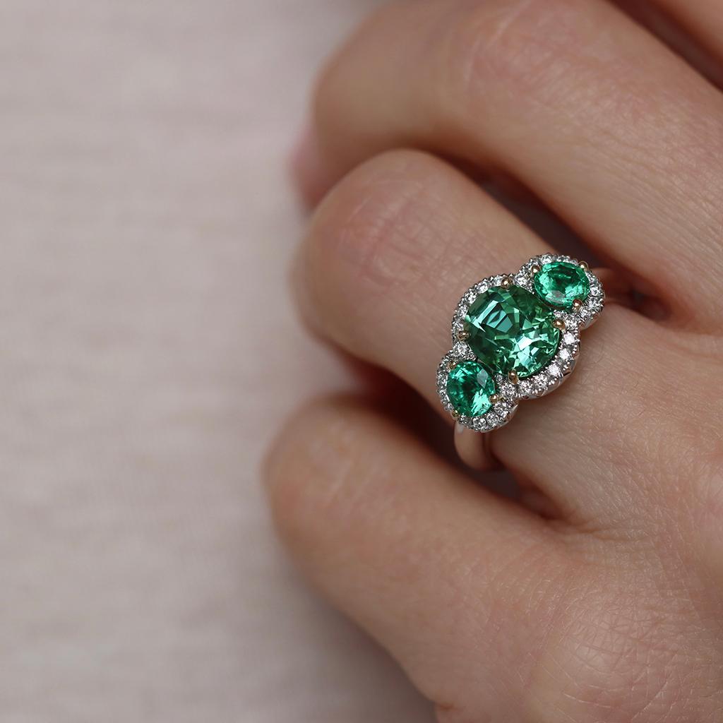 Green Blue Mint Tourmaline Emerald Diamond Halo Trilogy Ring For Sale 8