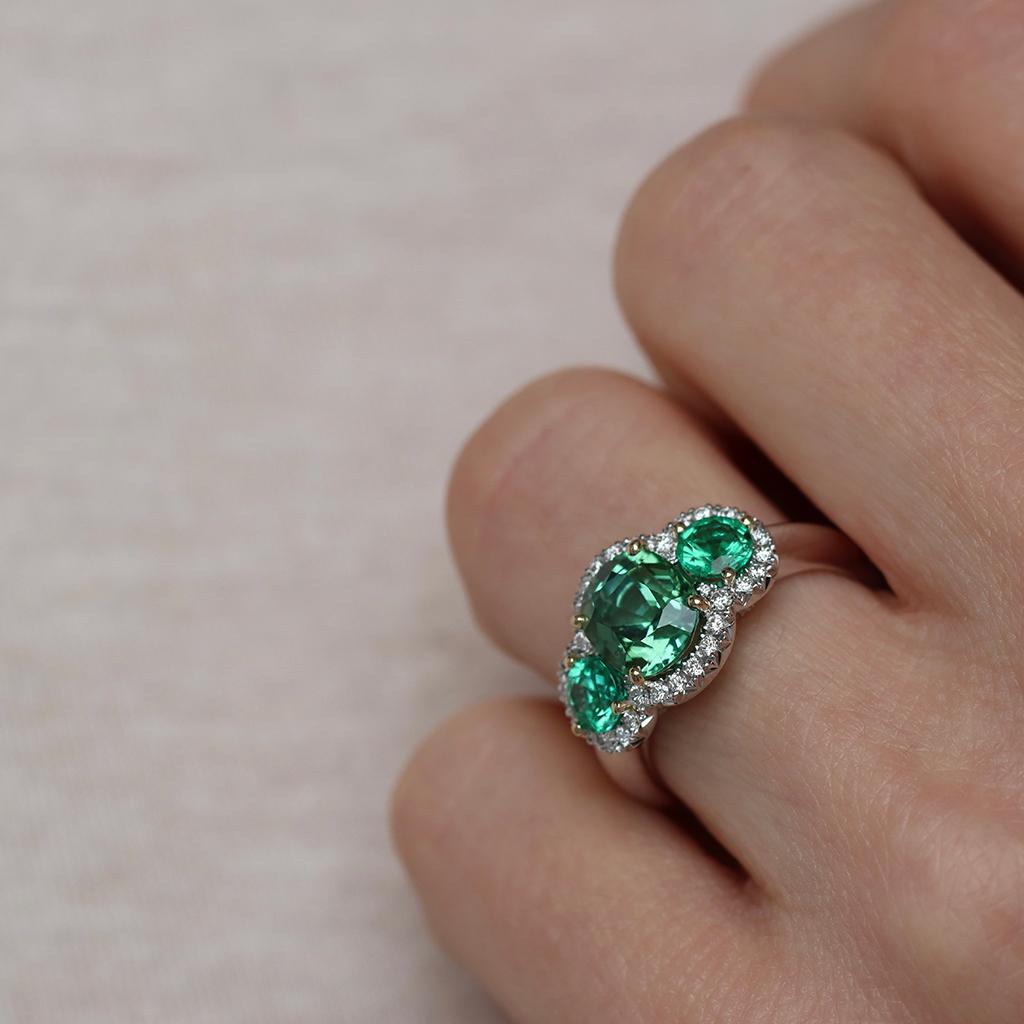Green Blue Mint Tourmaline Emerald Diamond Halo Trilogy Ring For Sale 9