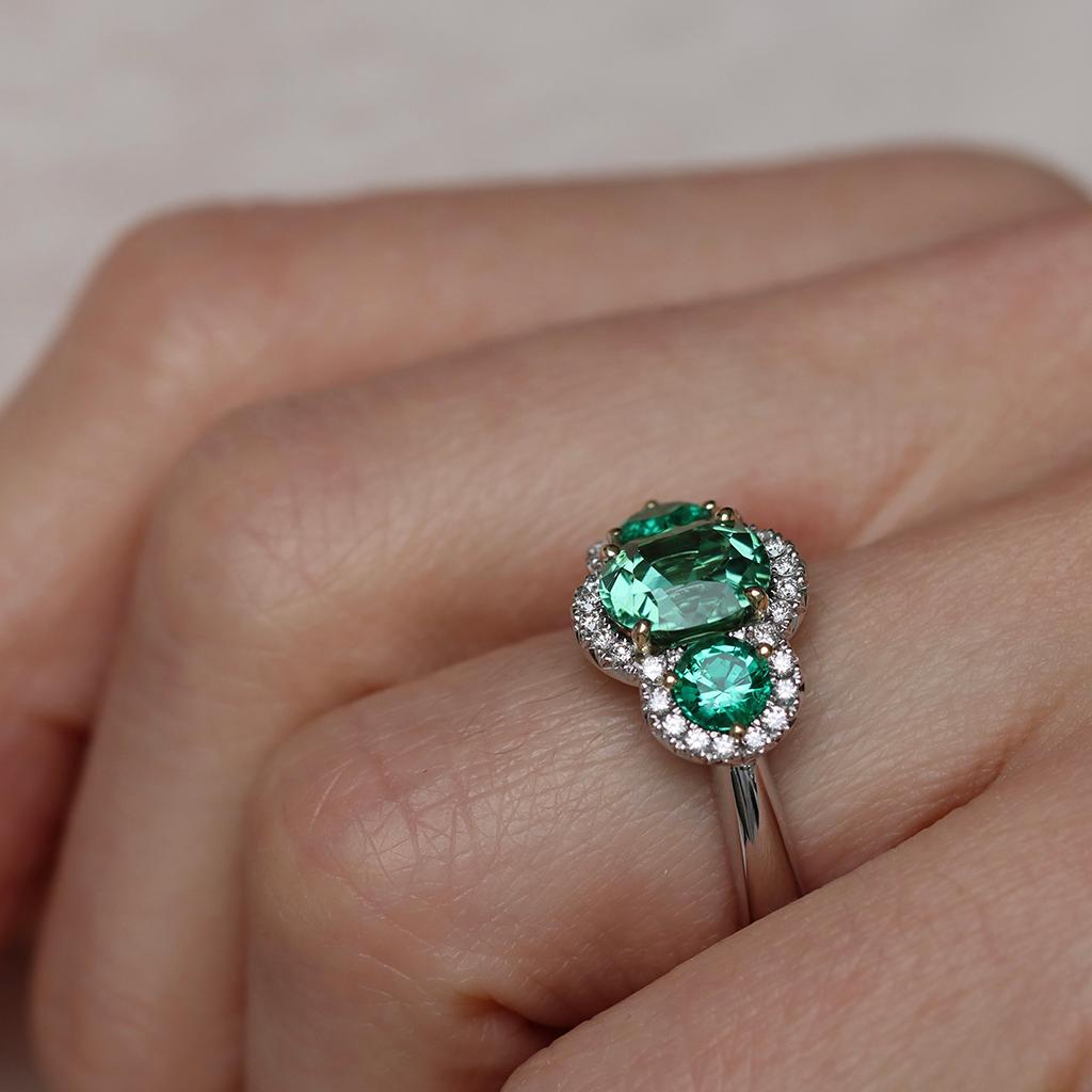 Green Blue Mint Tourmaline Emerald Diamond Halo Trilogy Ring For Sale 10