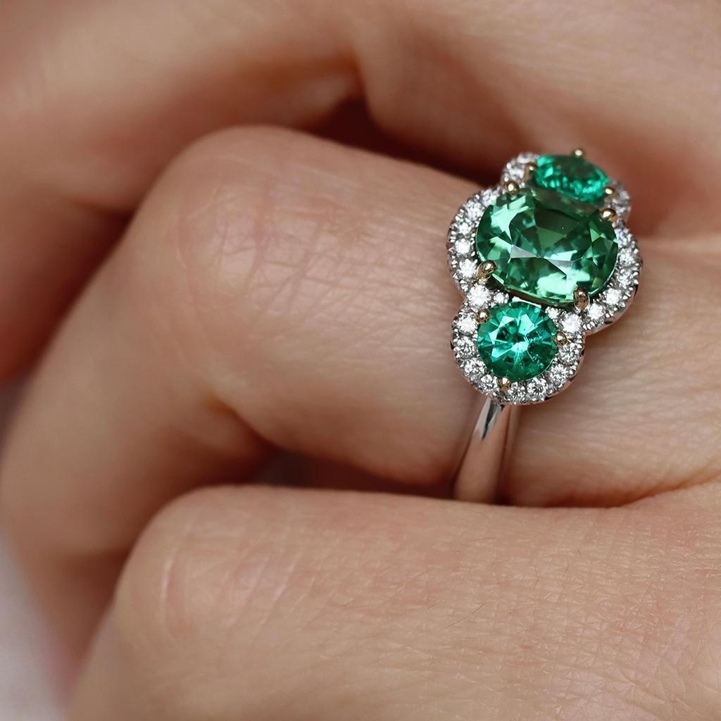 Green Blue Mint Tourmaline Emerald Diamond Halo Trilogy Ring For Sale 11