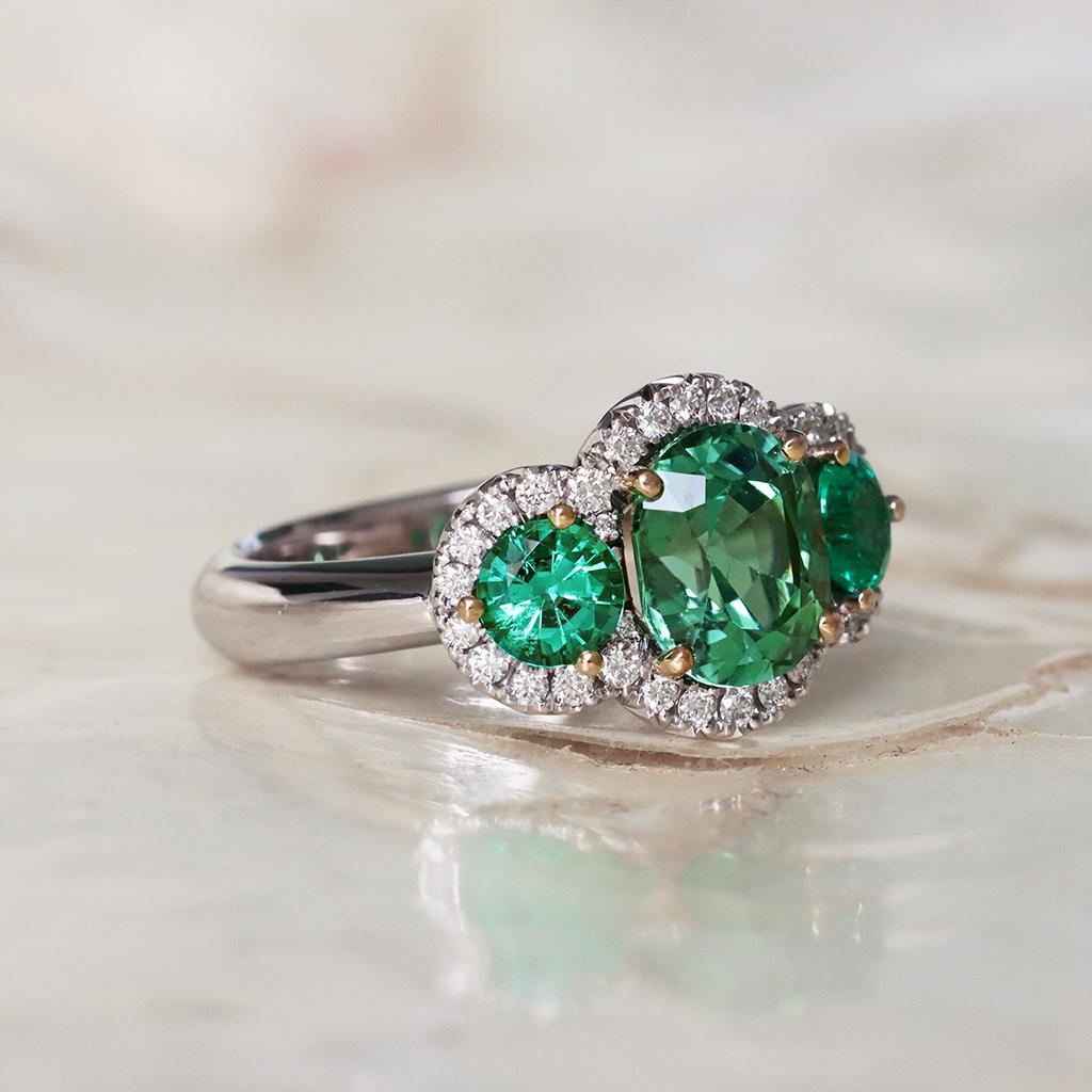 Contemporary Green Blue Mint Tourmaline Emerald Diamond Halo Trilogy Ring For Sale