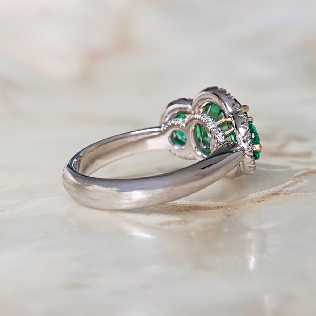 Cushion Cut Green Blue Mint Tourmaline Emerald Diamond Halo Trilogy Ring For Sale