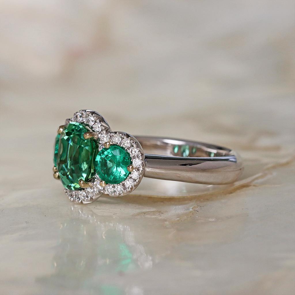 Women's Green Blue Mint Tourmaline Emerald Diamond Halo Trilogy Ring For Sale