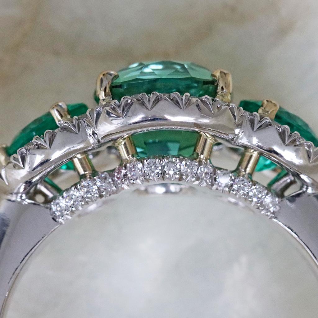 Green Blue Mint Tourmaline Emerald Diamond Halo Trilogy Ring For Sale 2