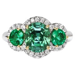 Green Blue Mint Tourmaline Emerald Diamond Halo Trilogy Ring