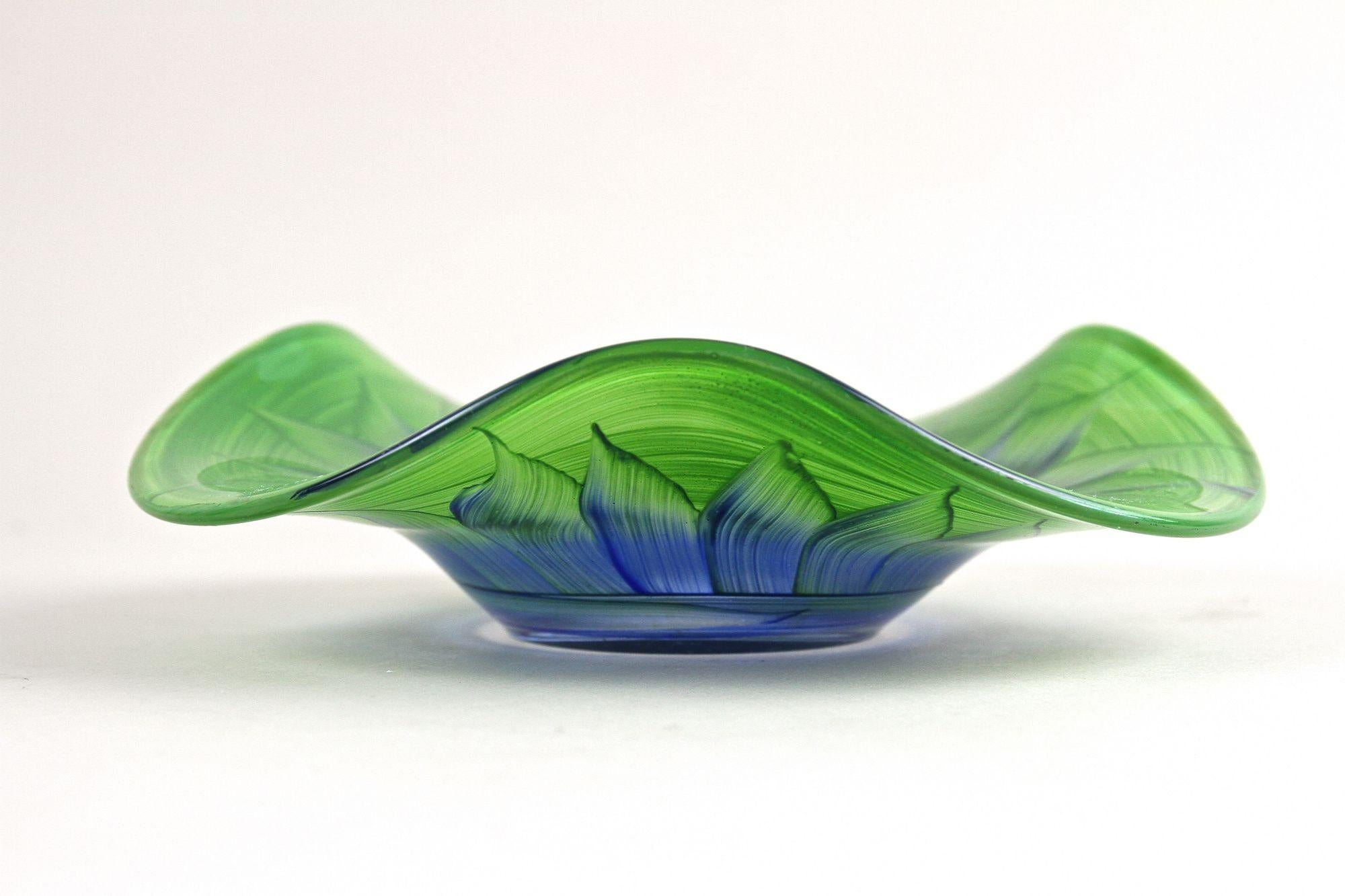 Mid-Century Modern Green/ Blue Murano Glass Bowl, Handpainted - Italy circa 1970 For Sale