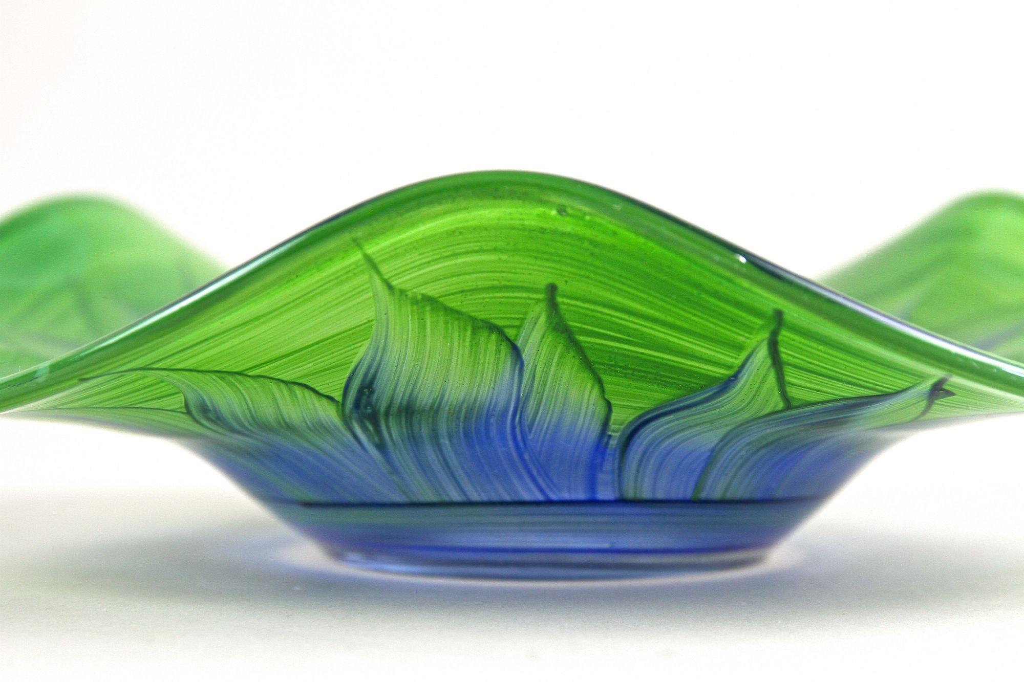 Hand-Painted Green/ Blue Murano Glass Bowl, Handpainted - Italy circa 1970 For Sale