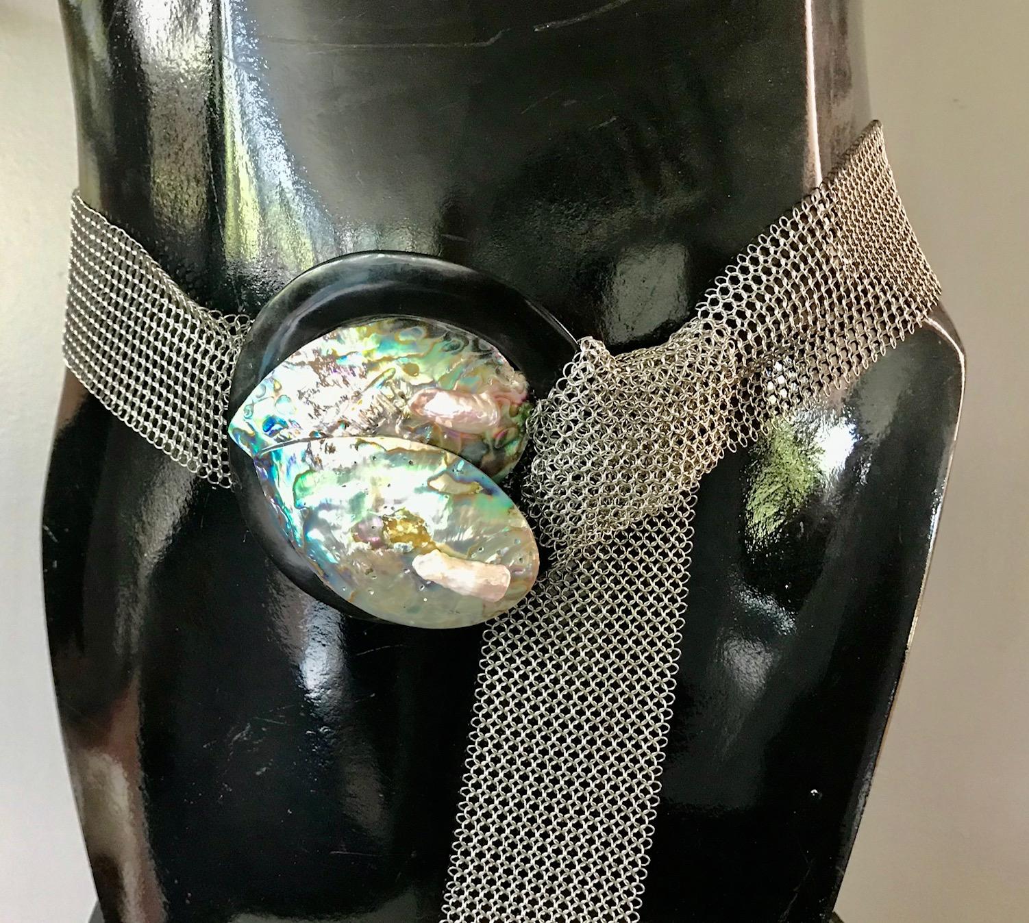 Contemporary Green Blue Nacre Mother of Pearl Iridescent Necklace Belt Sustainable S.S.Mesh For Sale