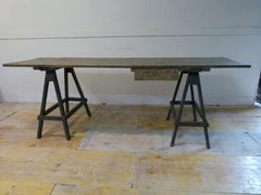 Pine Wood Trestle Table with a Blue Patina