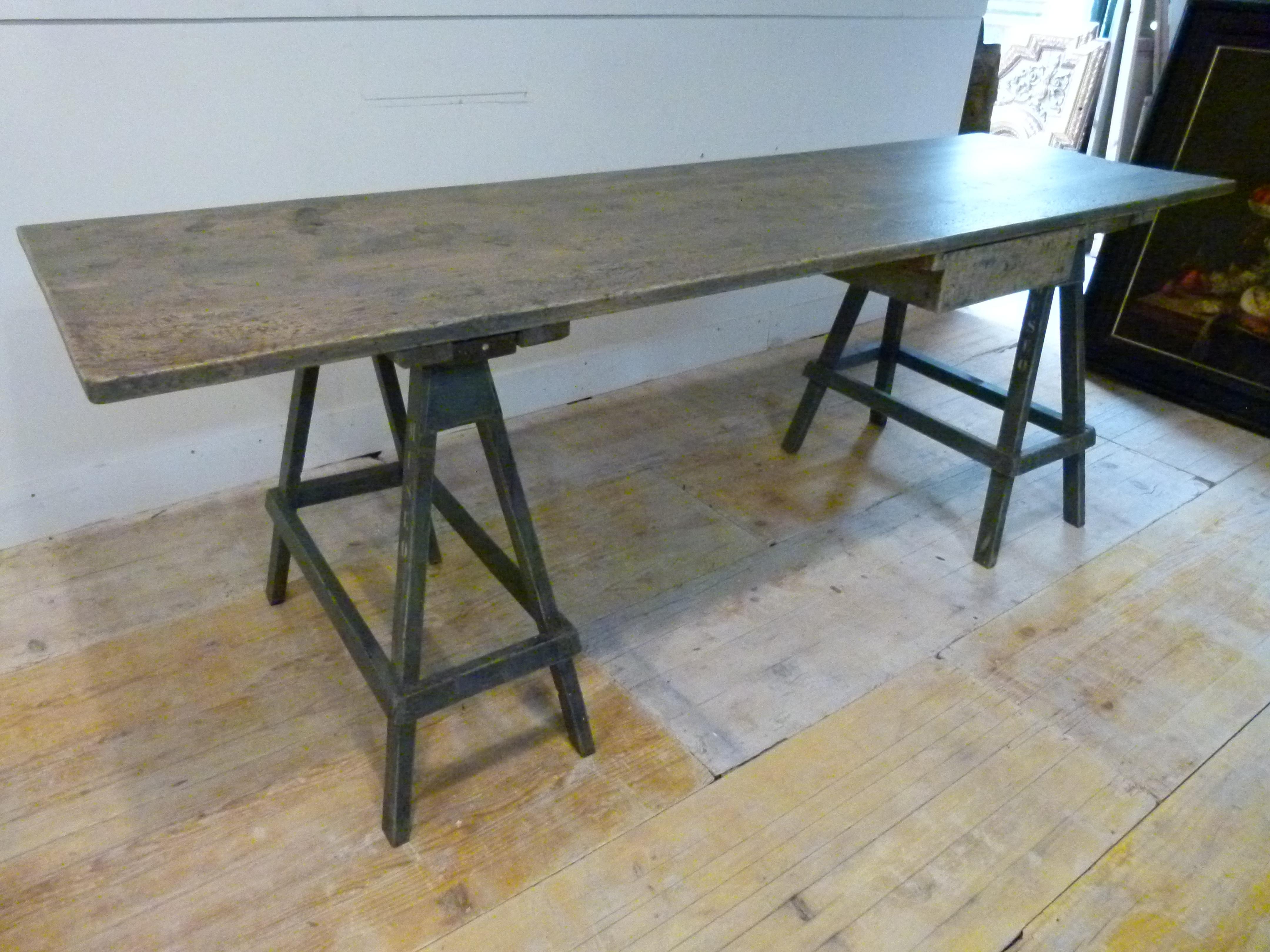 Rustic Pine Wood Trestle Table with a Blue Patina