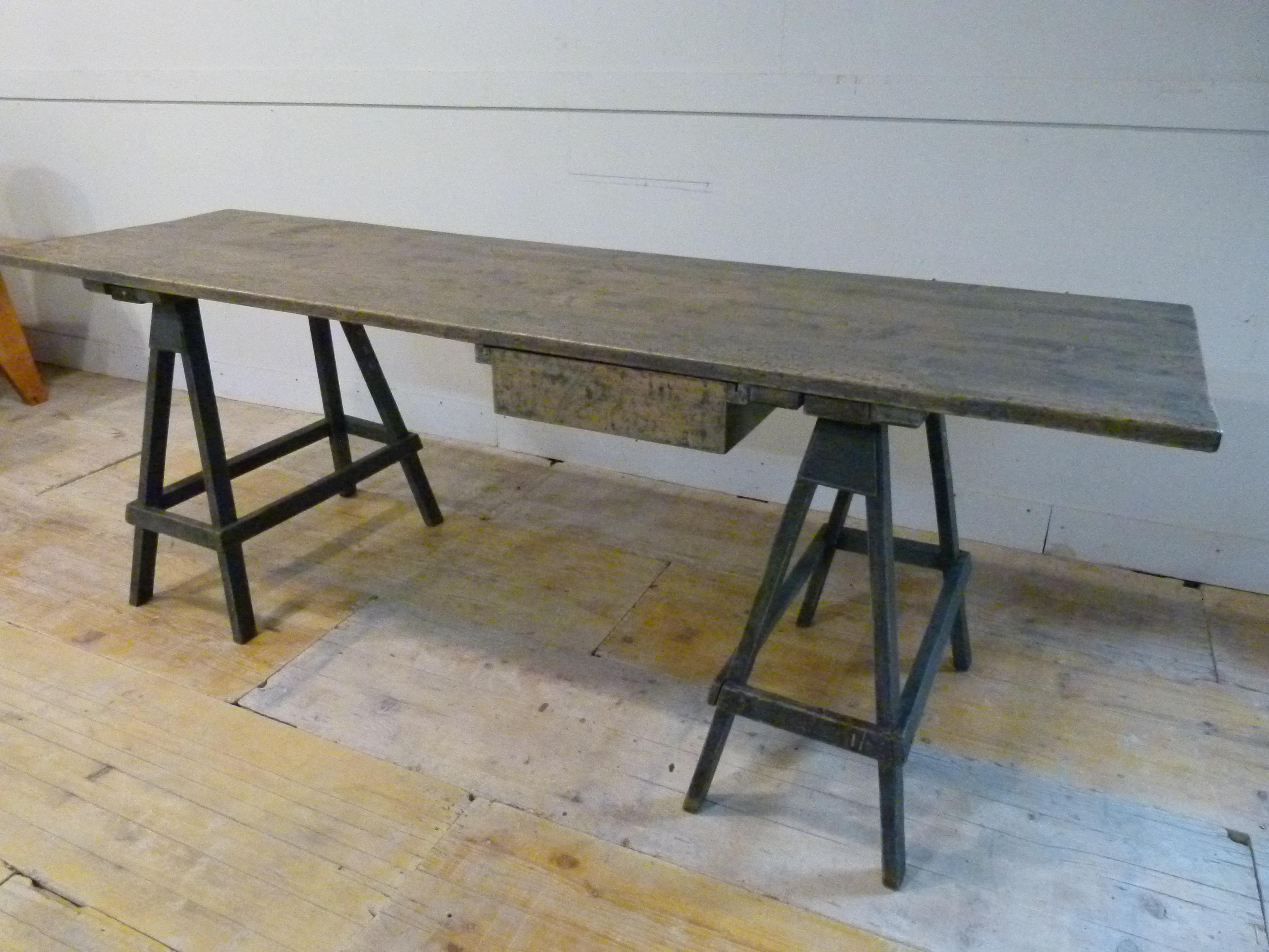 Spanish Pine Wood Trestle Table with a Blue Patina