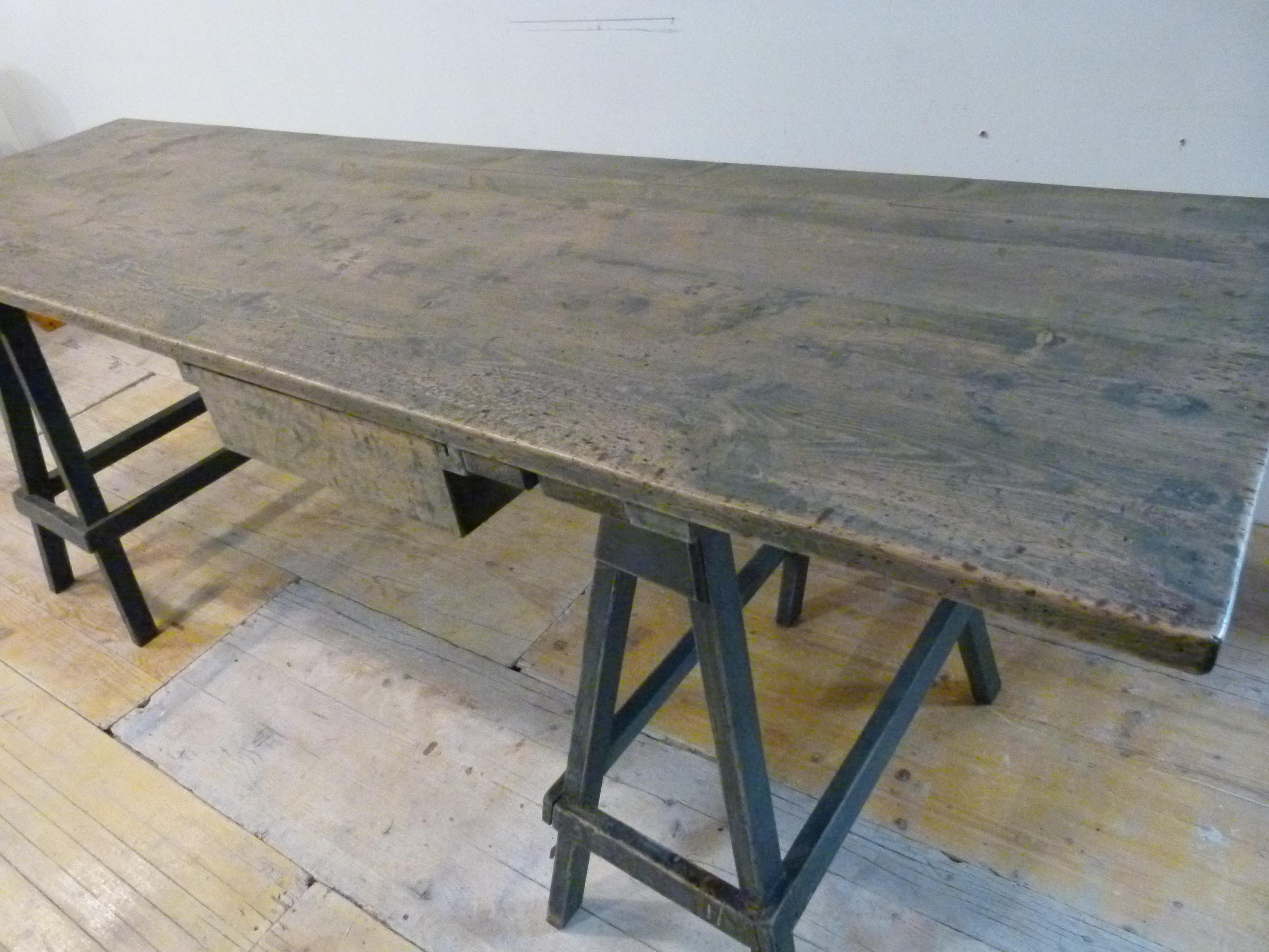 Patinated Pine Wood Trestle Table with a Blue Patina