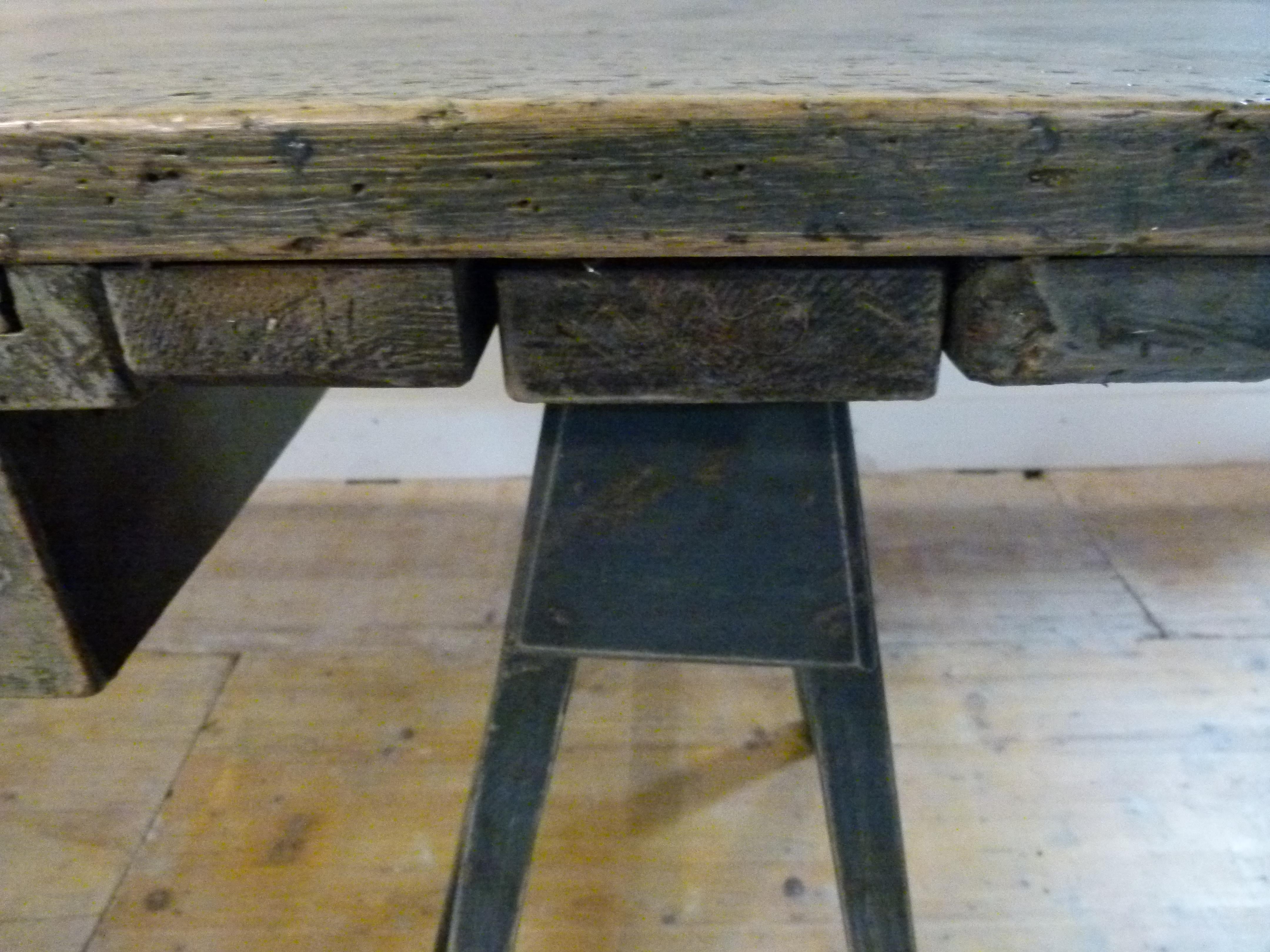 Pine Wood Trestle Table with a Blue Patina 1
