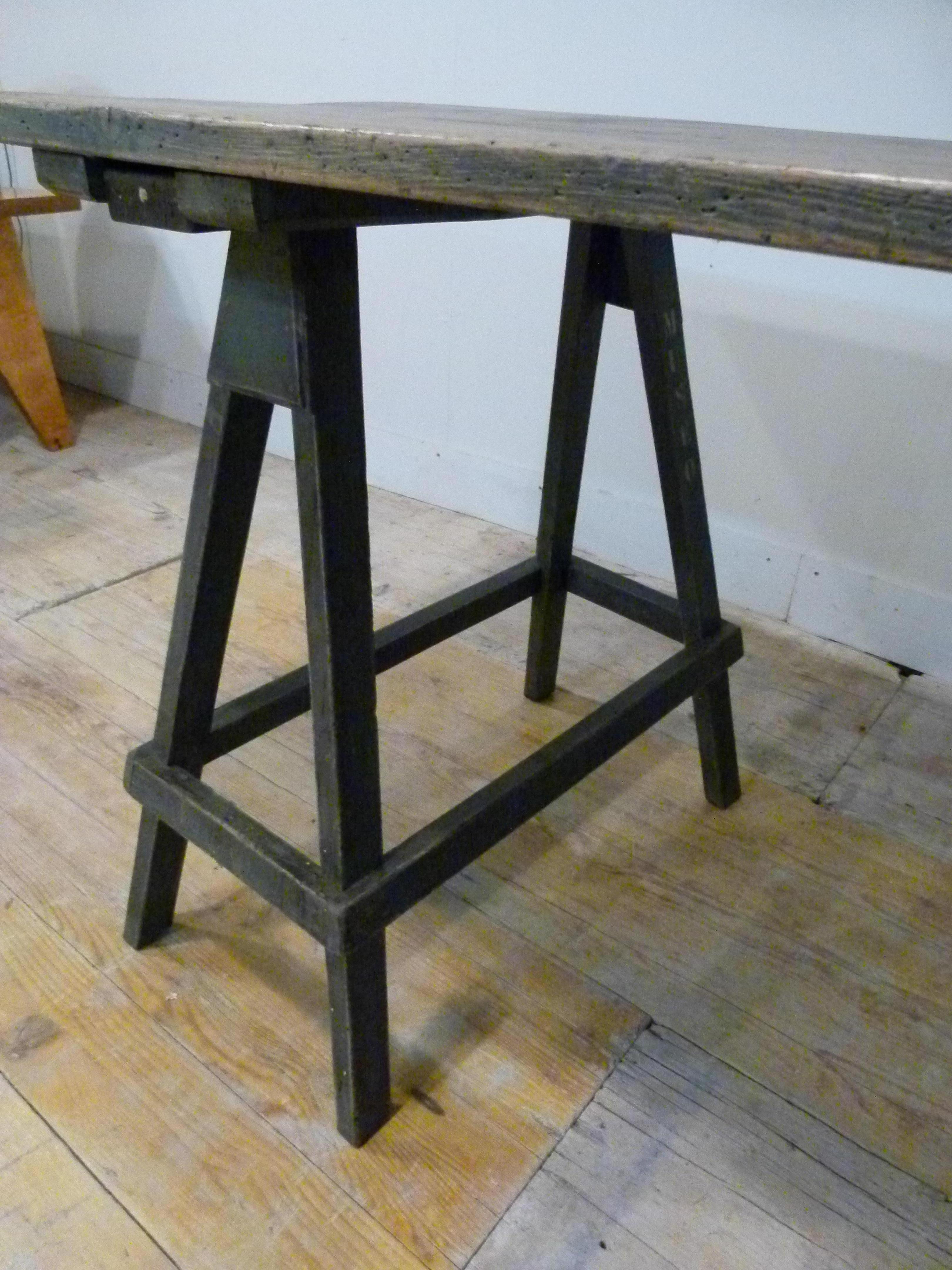 Pine Wood Trestle Table with a Blue Patina 2