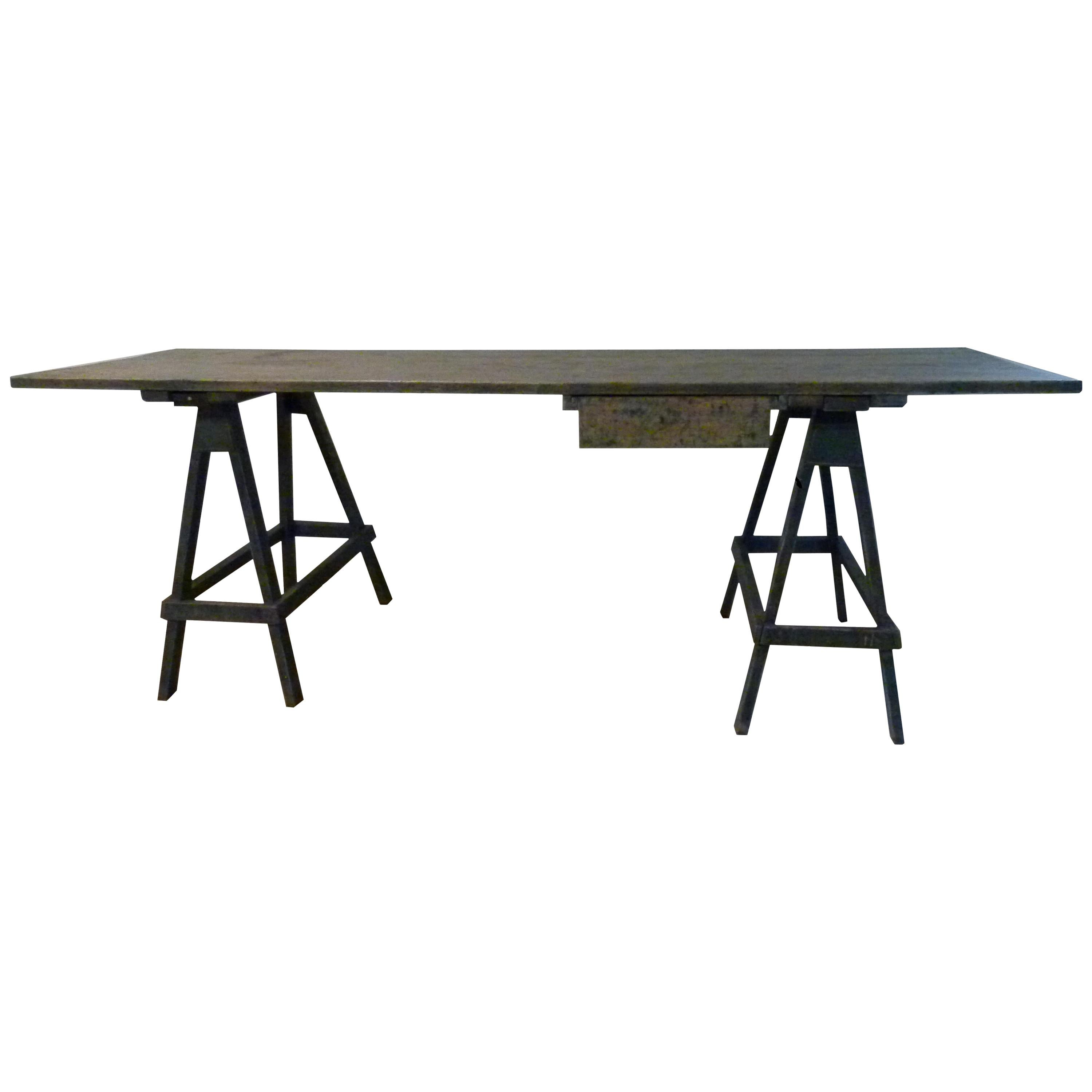 Pine Wood Trestle Table with a Blue Patina