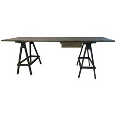 Vintage Pine Wood Trestle Table with a Blue Patina