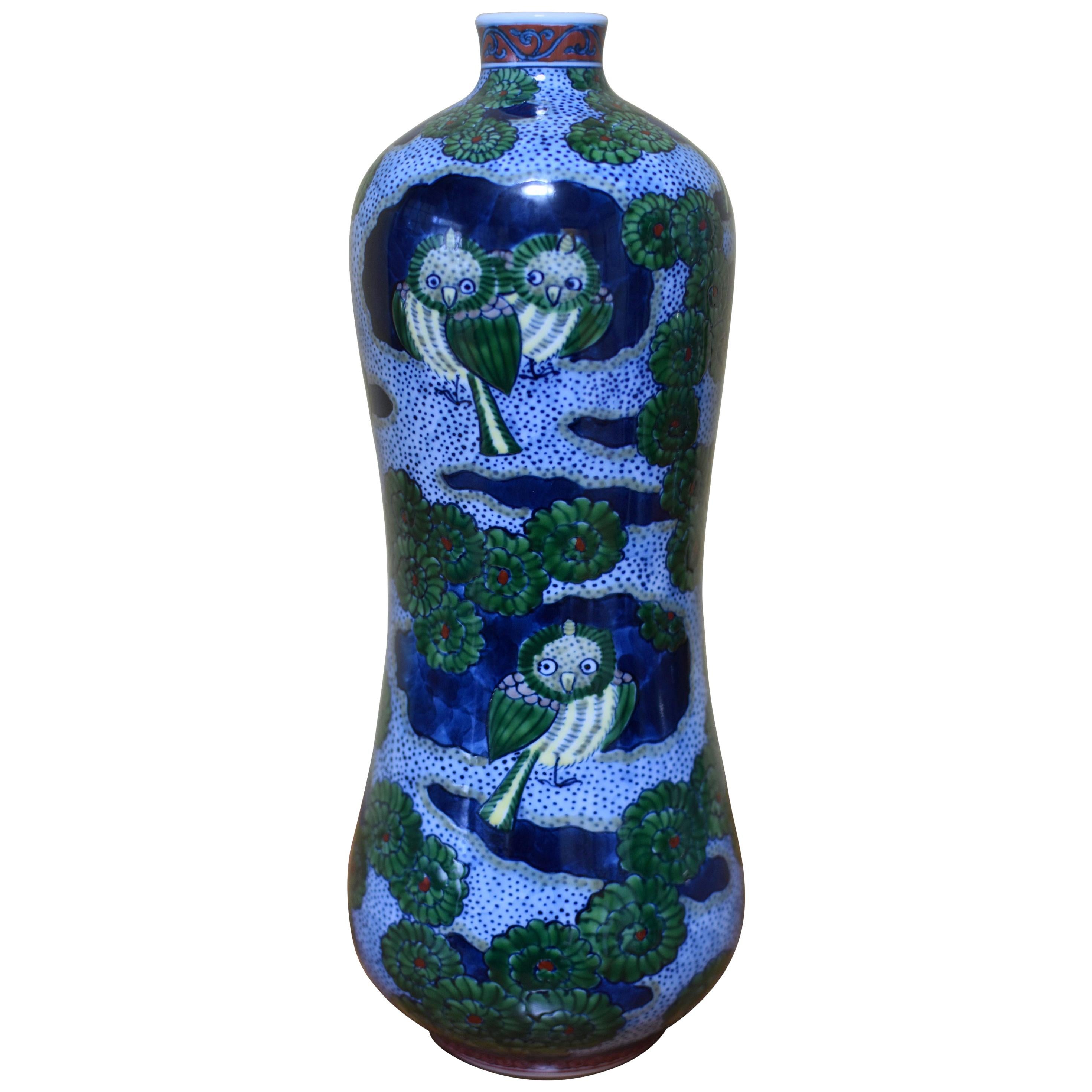 Green Blue Porcelain Vase by Contemporary Japanese Master Artist For Sale