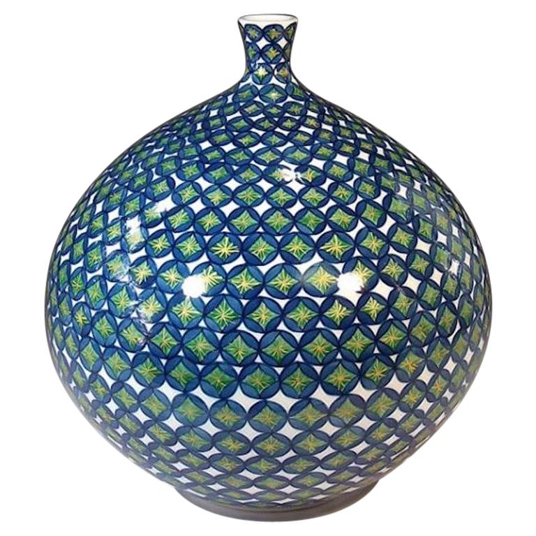 Jarpanese Contemporary Green Blue Porcelain Vase by  Master Artist For Sale